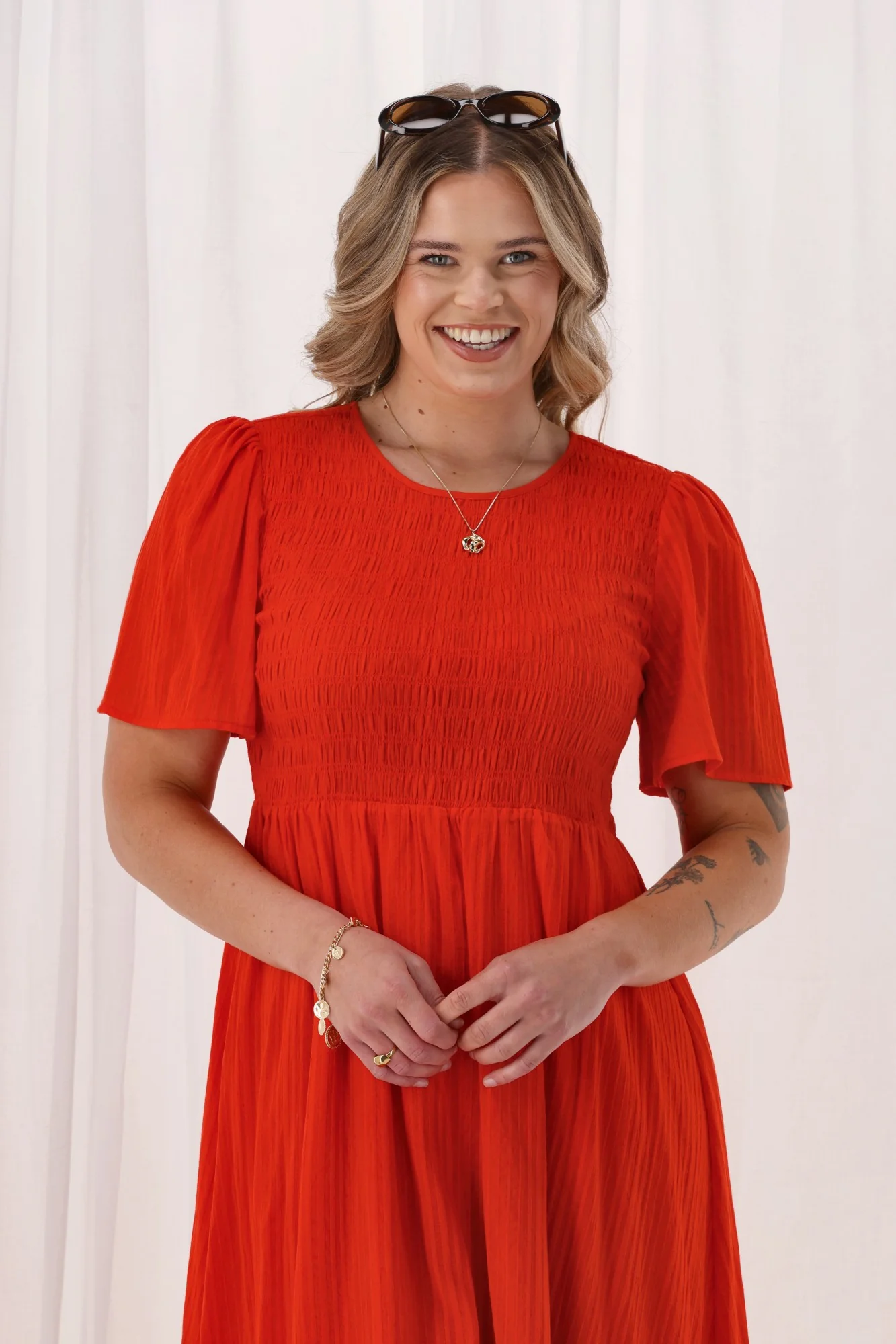 Sunday Boho Amy Flutter Sleeve Shirred Maxi Dress Red - Image 2