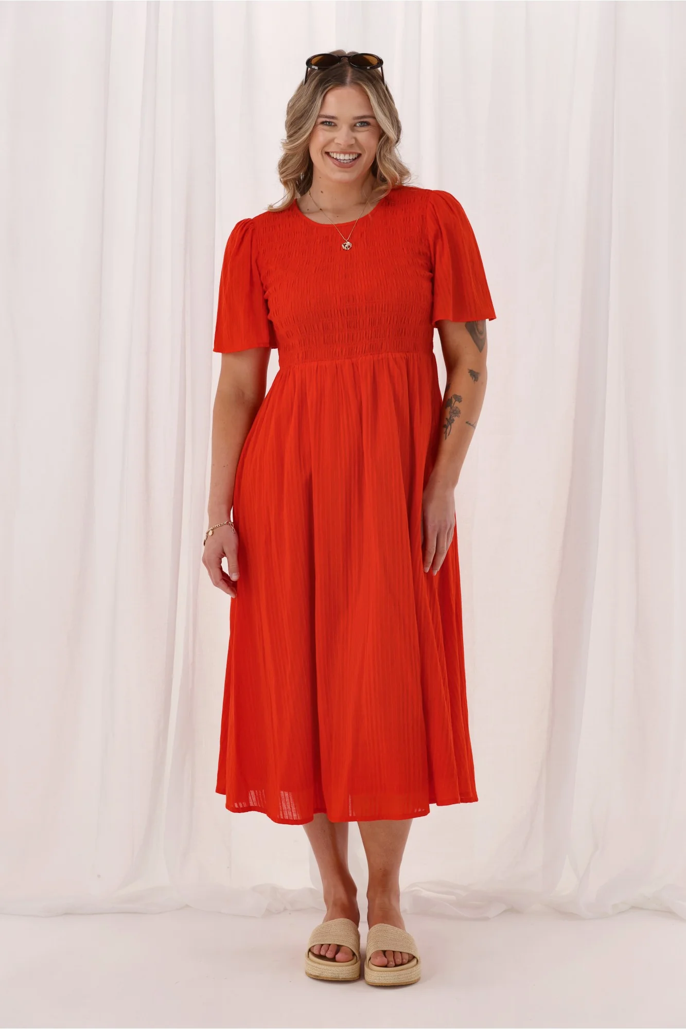 Sunday Boho Amy Flutter Sleeve Shirred Maxi Dress Red - Image 3