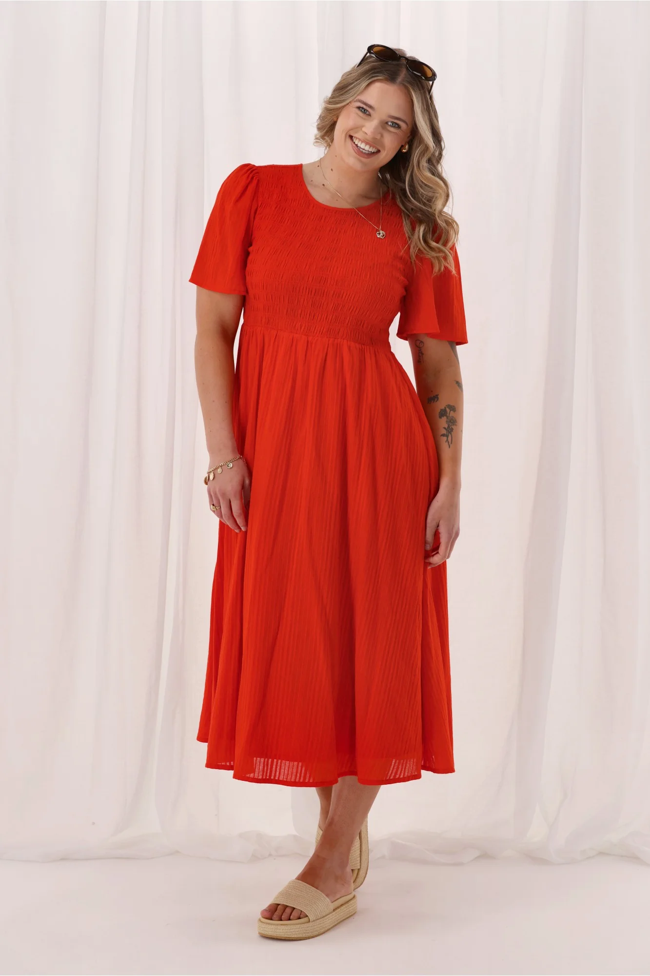 Sunday Boho Amy Flutter Sleeve Shirred Maxi Dress Red - Image 4