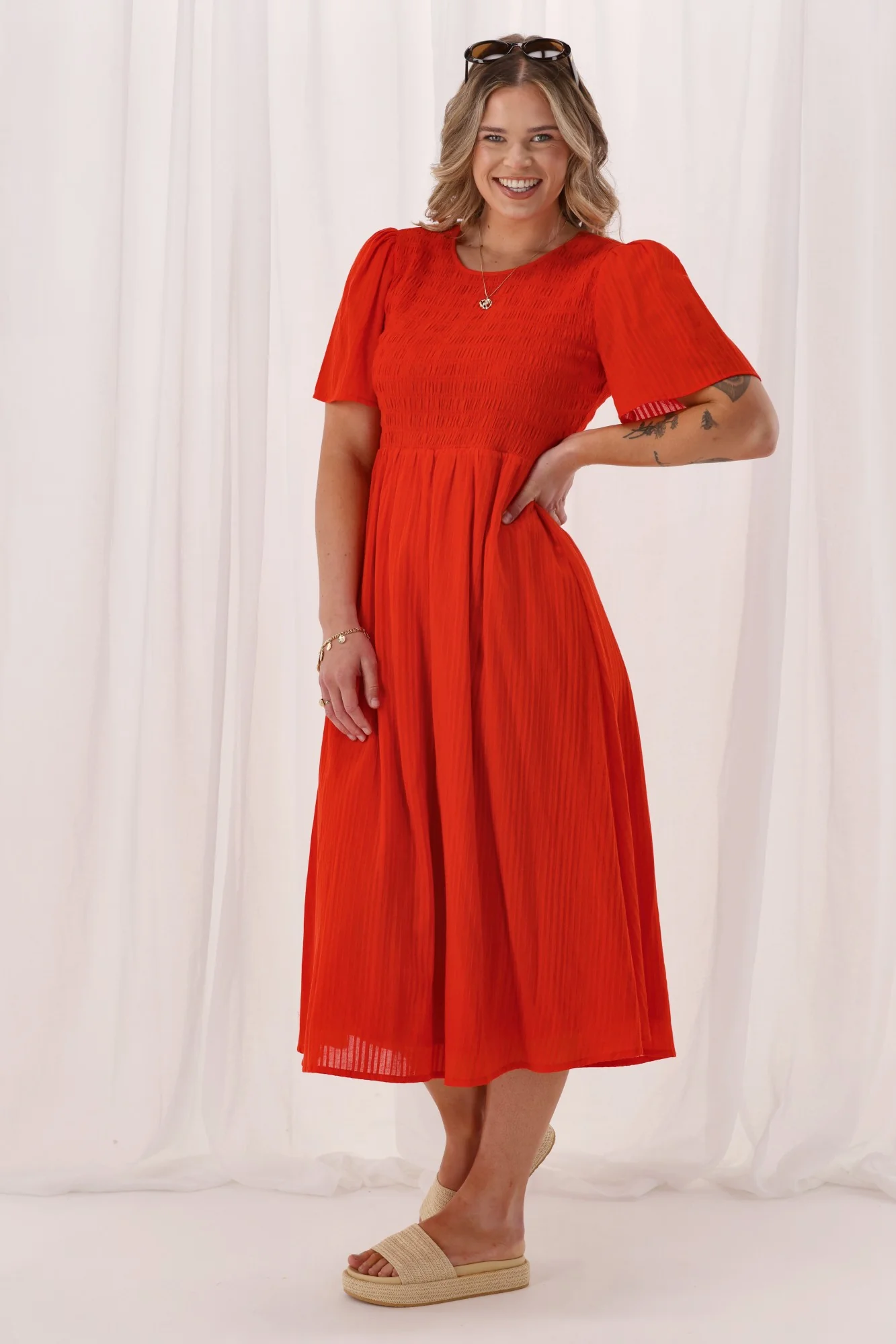 Sunday Boho Amy Flutter Sleeve Shirred Maxi Dress Red - Image 5