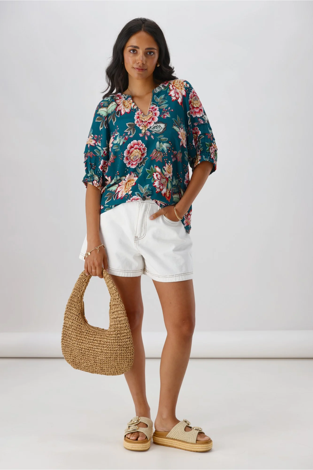 Sunday Boho Asia Puff Sleeve Top Teal Floral - Image 3
