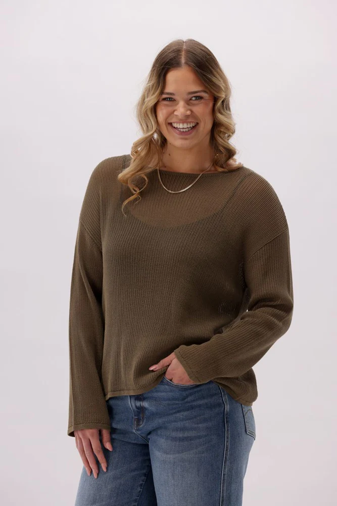 Sunday Boho Cherry Mesh Boatneck Relaxed Sweater Olive
