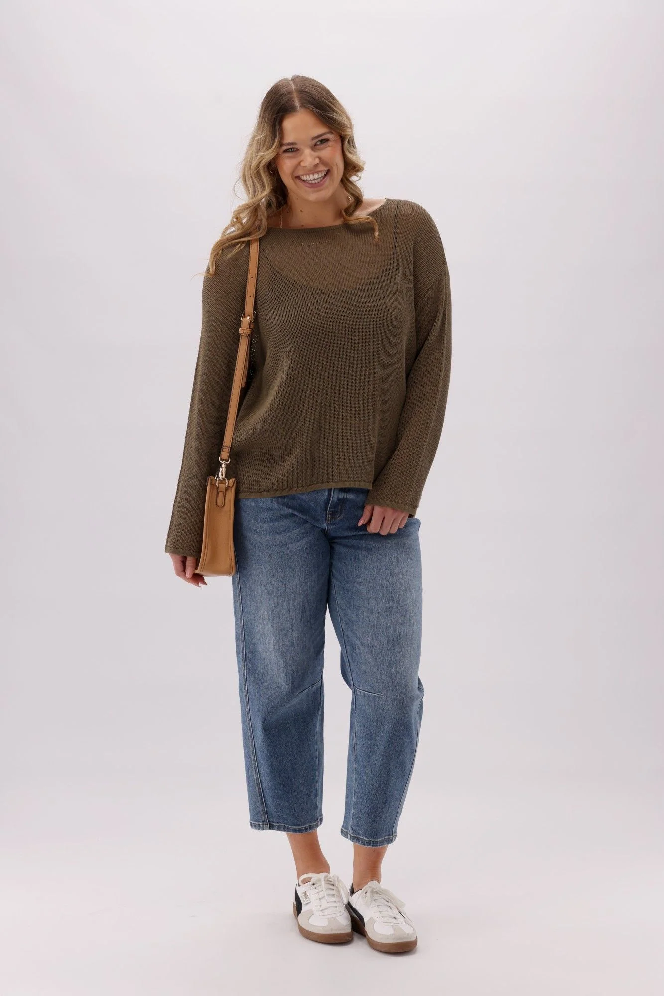 Sunday Boho Cherry Mesh Boatneck Relaxed Sweater Olive - Image 2