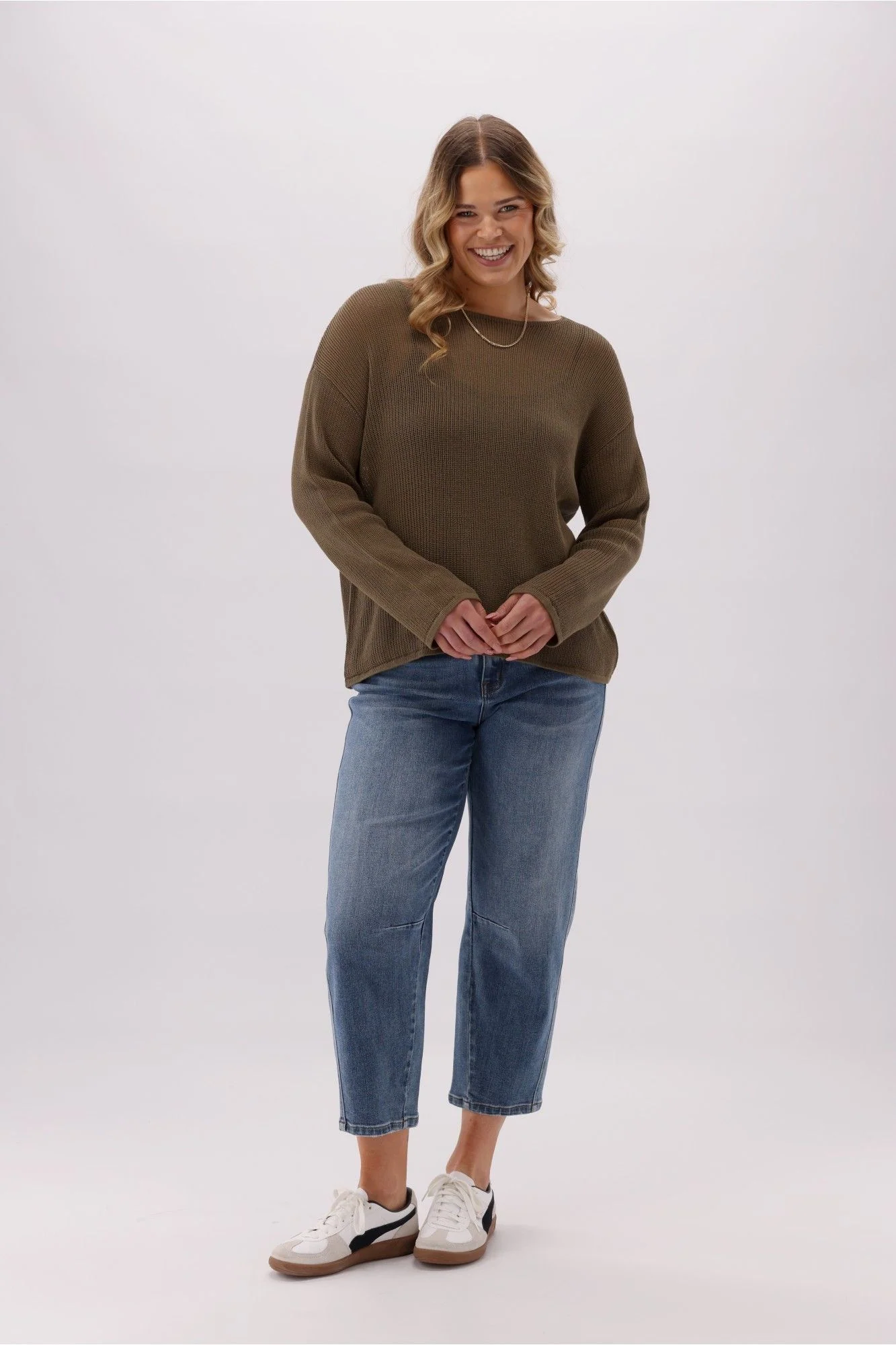 Sunday Boho Cherry Mesh Boatneck Relaxed Sweater Olive - Image 6