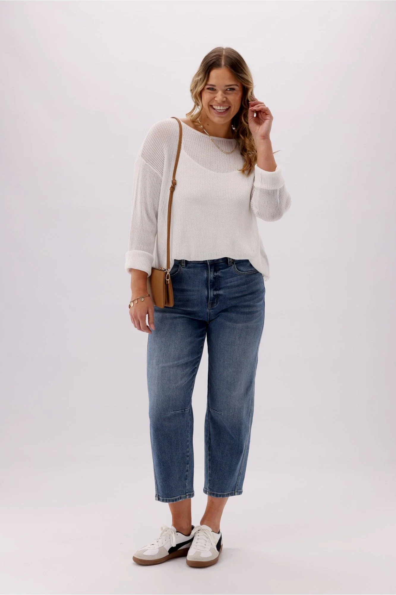 Sunday Boho Cherry Mesh Boatneck Relaxed Sweater White - Image 2