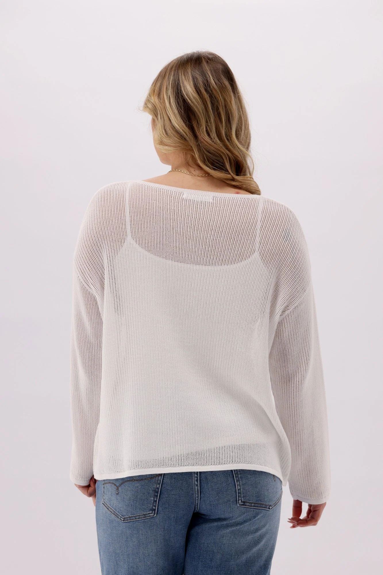 Sunday Boho Cherry Mesh Boatneck Relaxed Sweater White - Image 4
