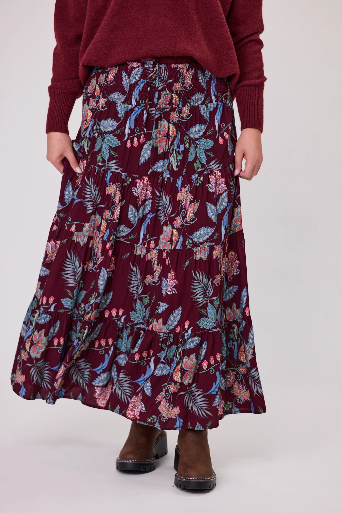 Sunday Boho Elaine Shirred Waistband Skirt Burgundy