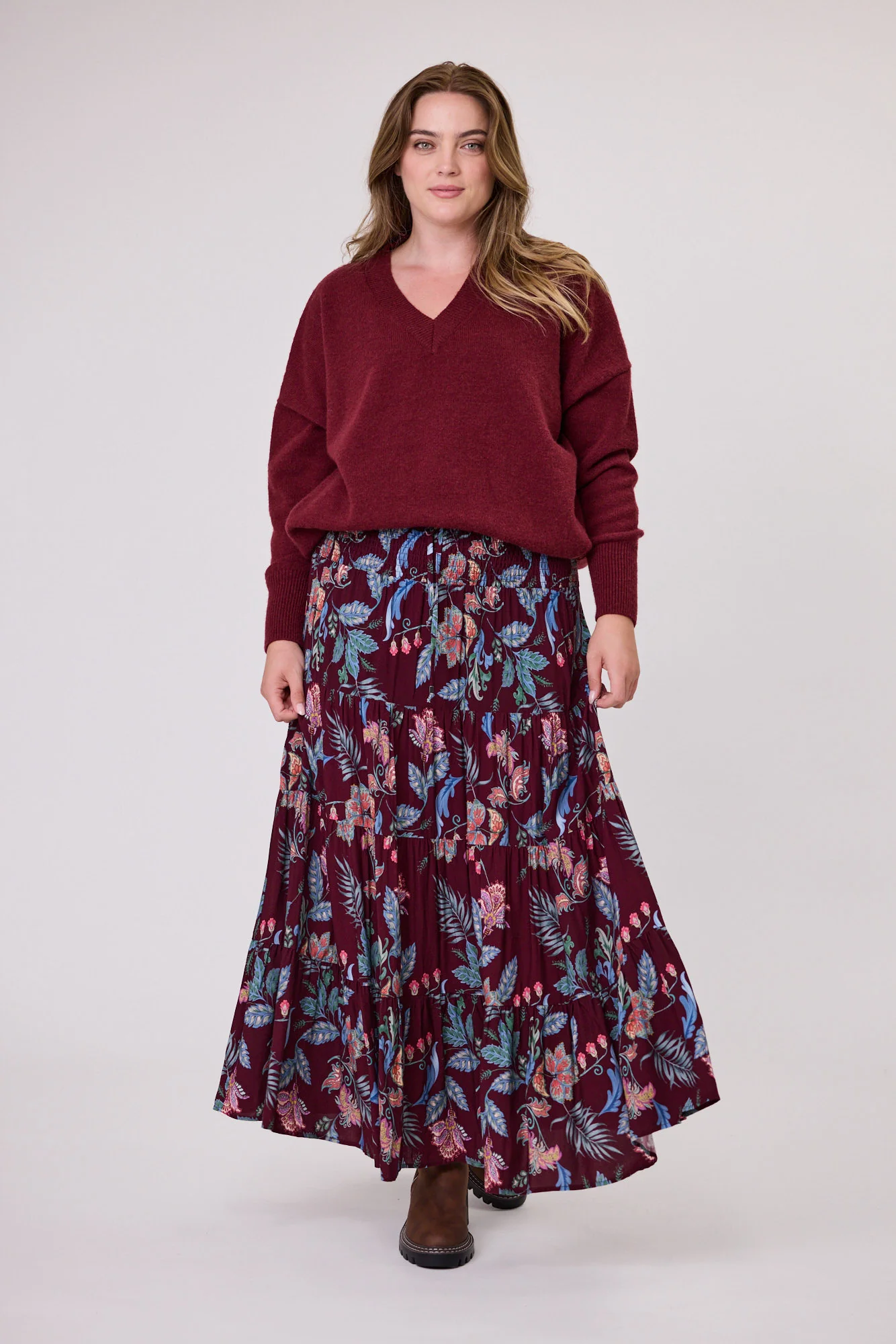 Sunday Boho Elaine Shirred Waistband Skirt Burgundy - Image 2