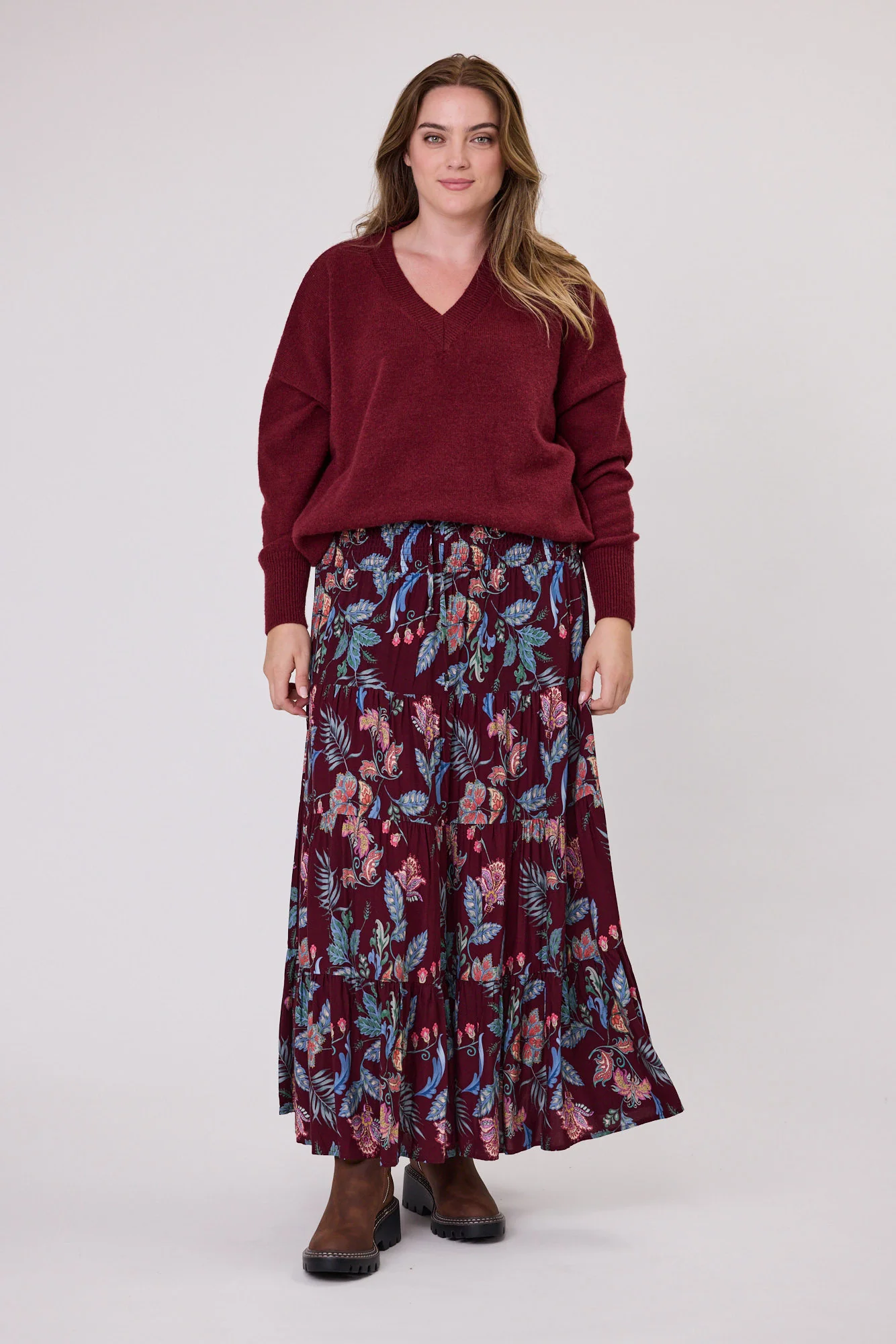 Sunday Boho Elaine Shirred Waistband Skirt Burgundy - Image 3