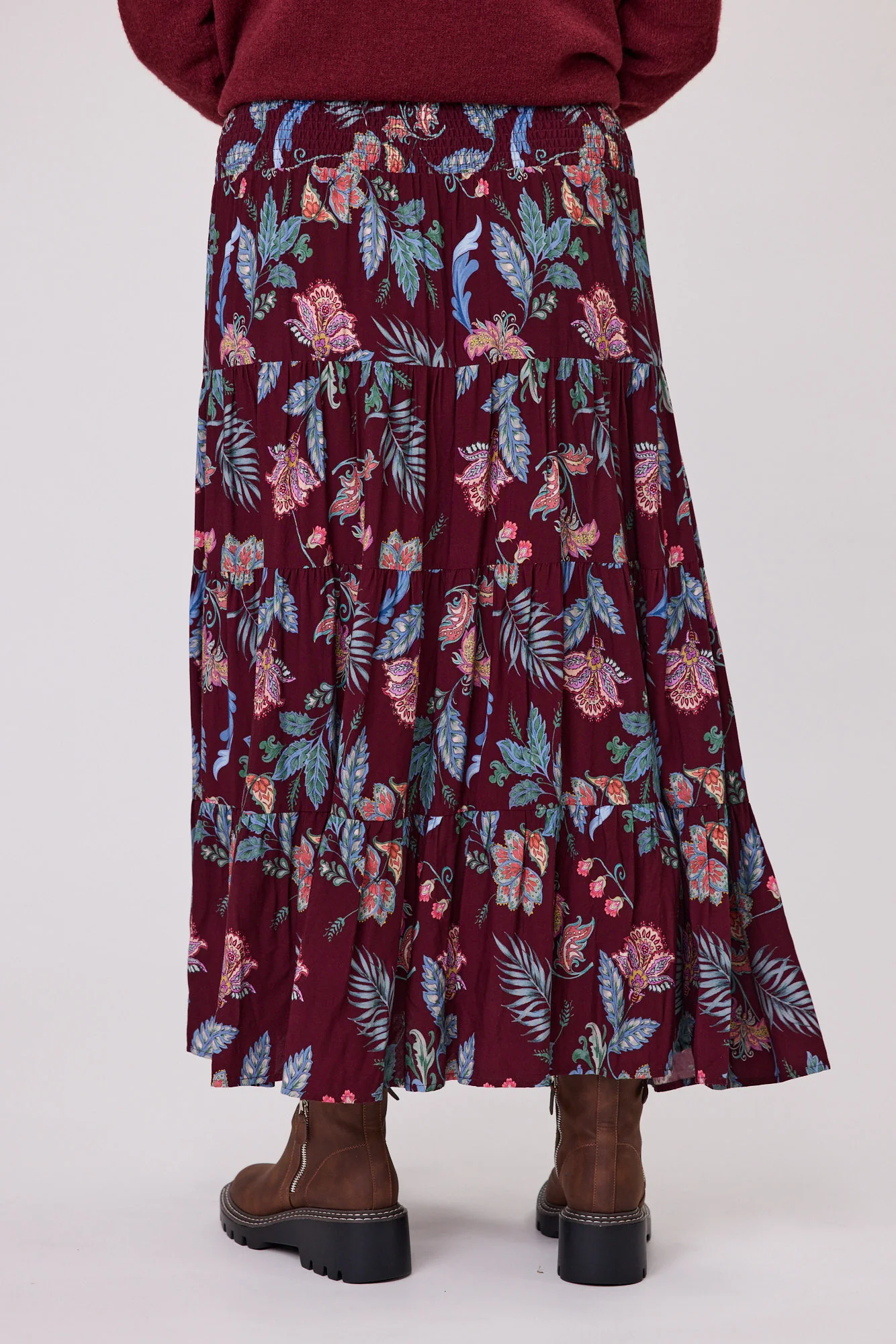 Sunday Boho Elaine Shirred Waistband Skirt Burgundy - Image 4