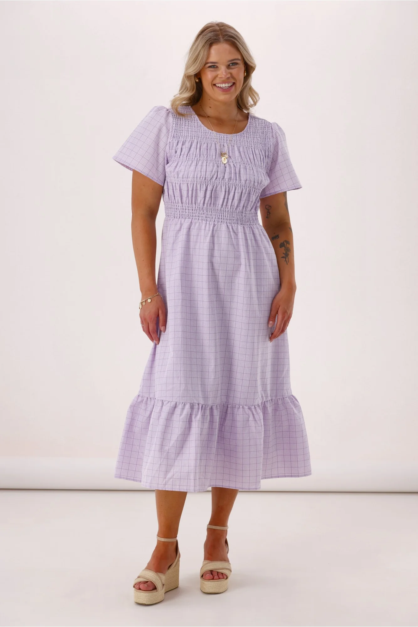 Sunday Boho Erica Puff sleeve Dress Lilac Gingham - Image 3