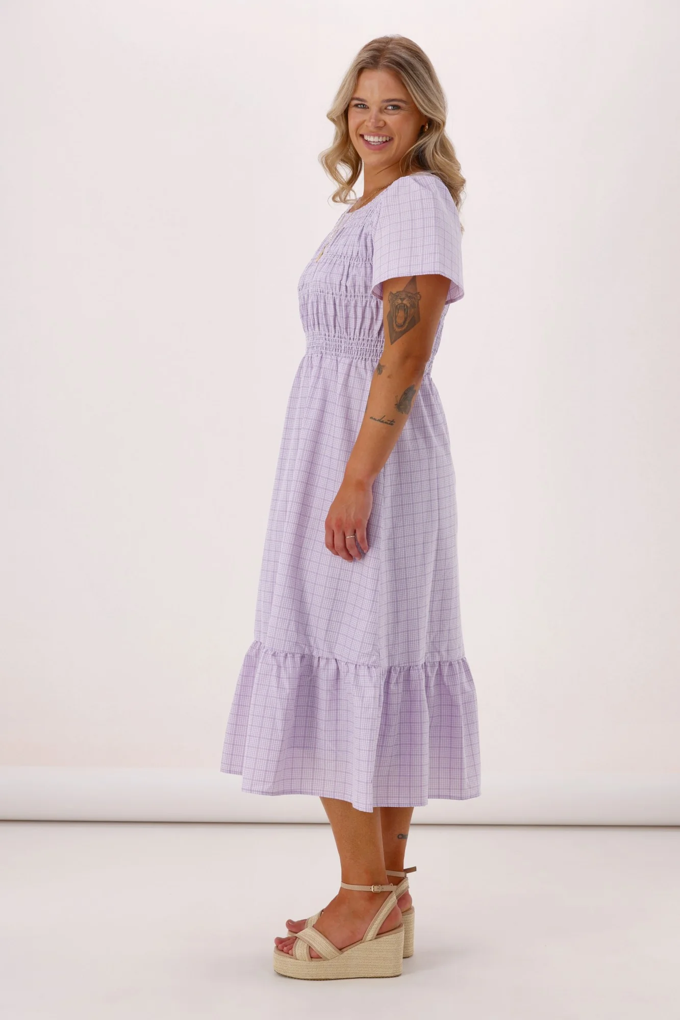 Sunday Boho Erica Puff sleeve Dress Lilac Gingham - Image 4