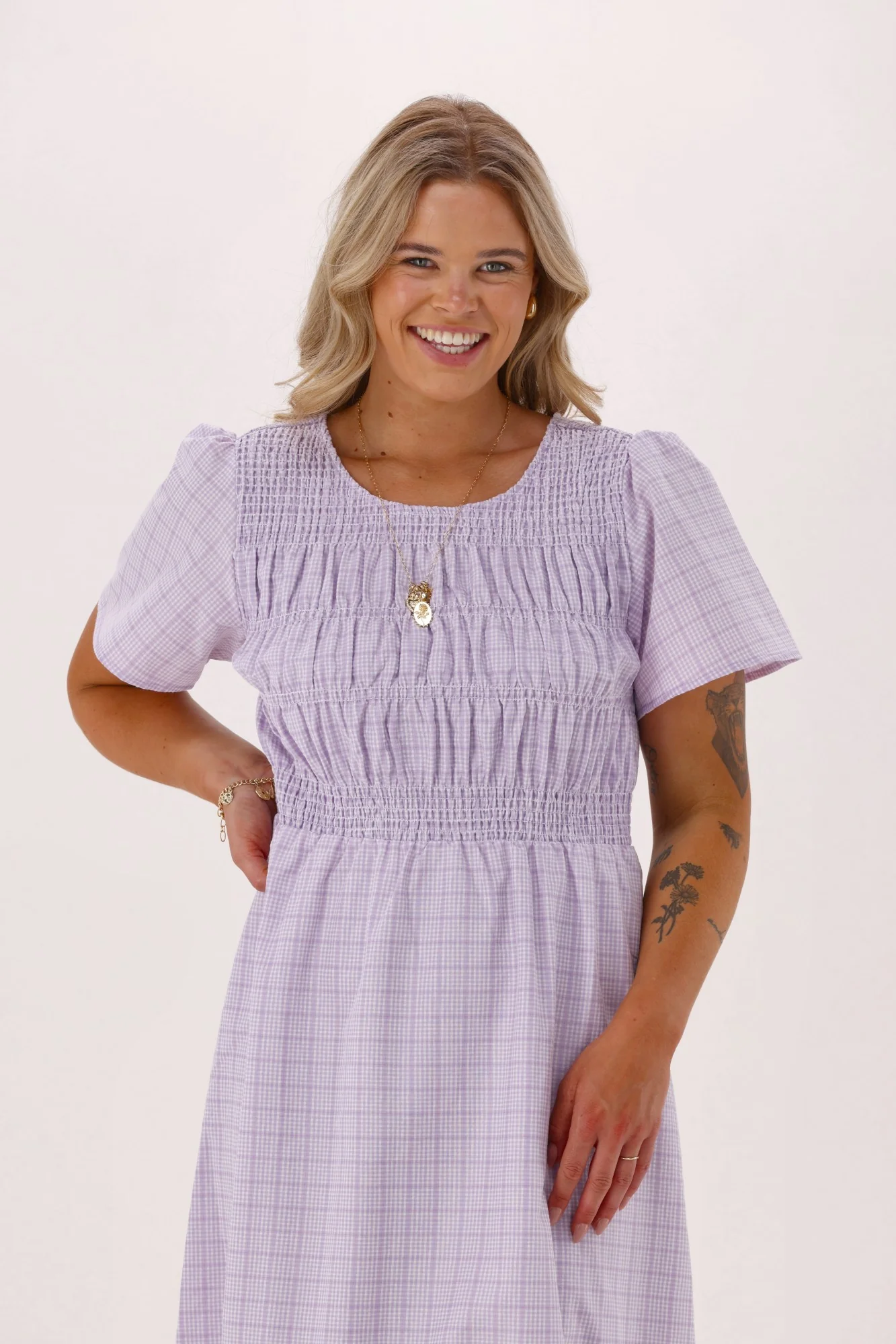 Sunday Boho Erica Puff sleeve Dress Lilac Gingham - Image 6