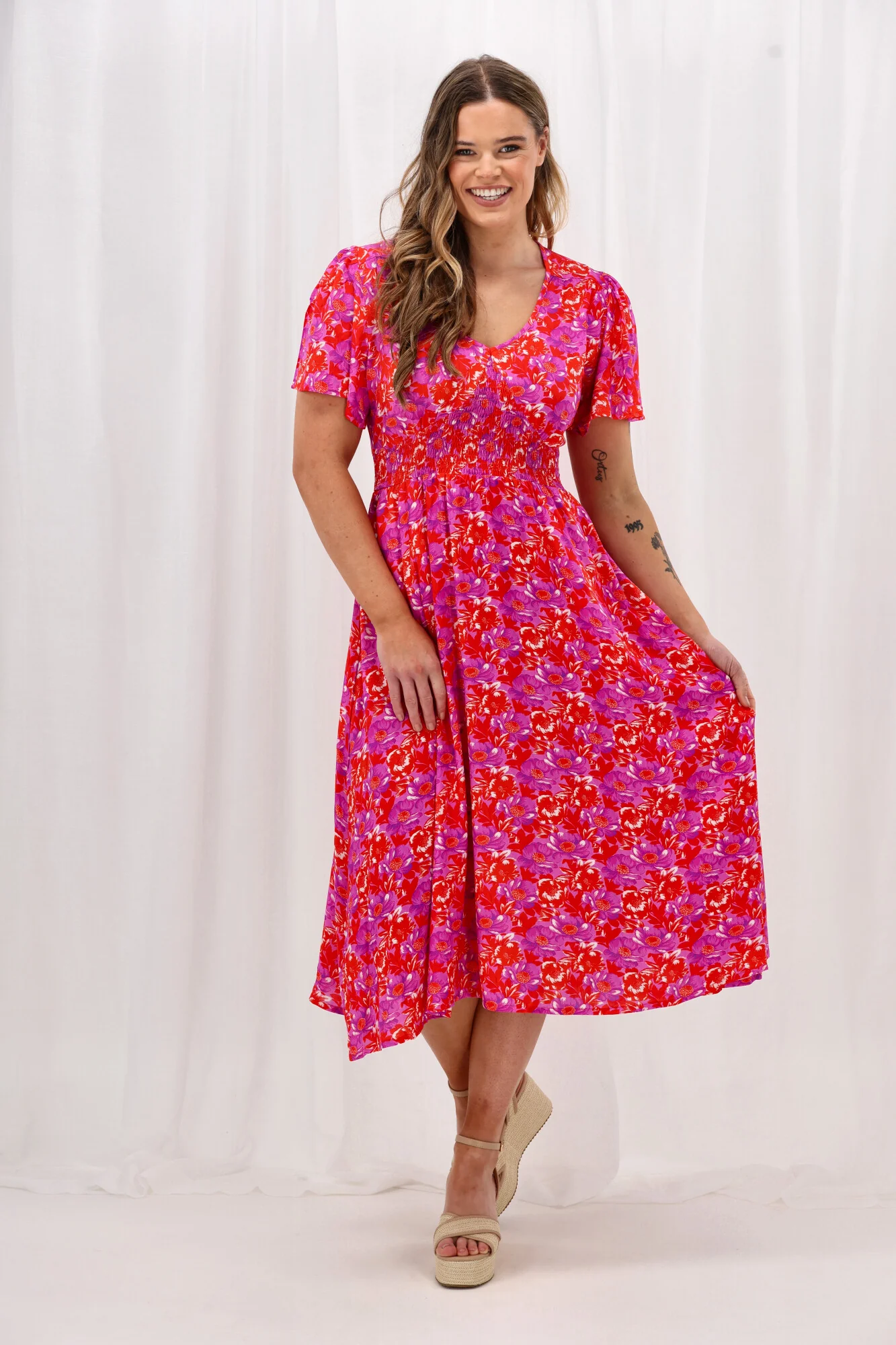 Sunday Boho Fiona Flutter Sleeve Midi Dress Red Floral Print - Image 2