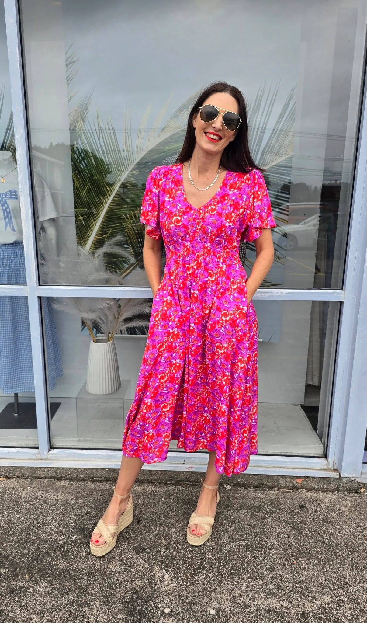 Sunday Boho Fiona Flutter Sleeve Midi Dress Red Floral Print - Image 4