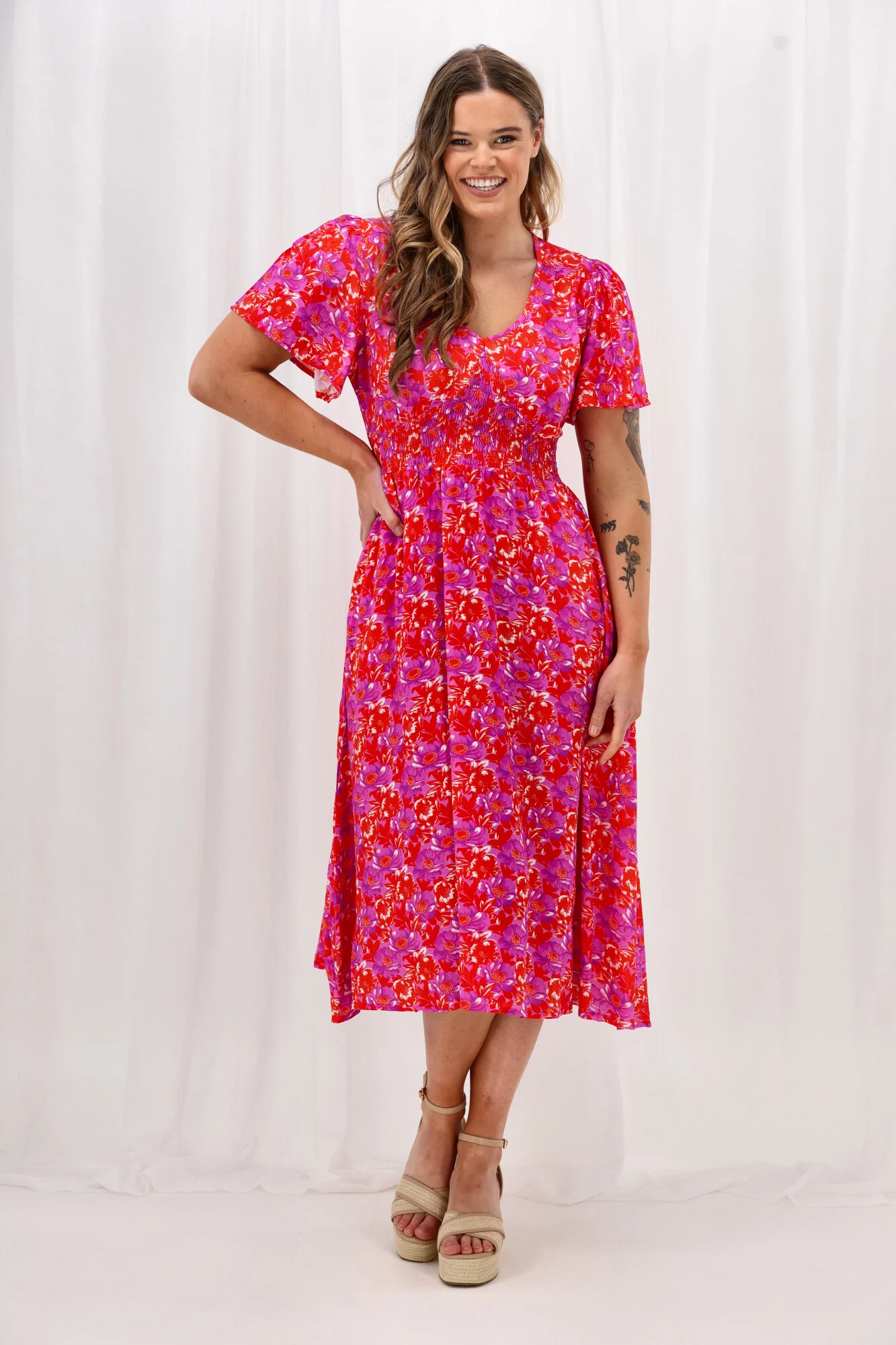 Sunday Boho Fiona Flutter Sleeve Midi Dress Red Floral Print - Image 5