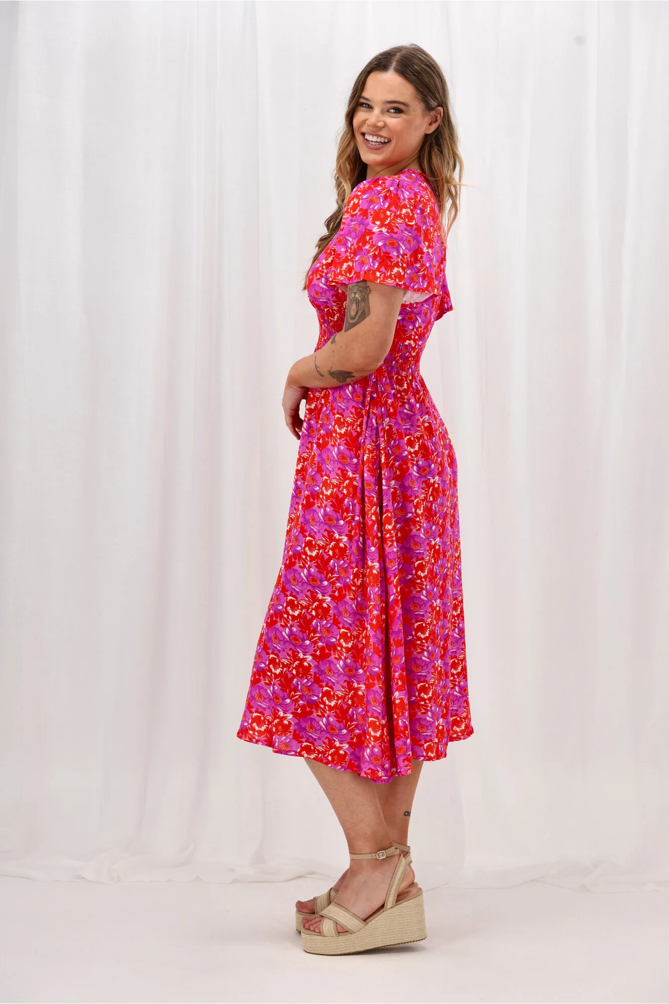 Sunday Boho Fiona Flutter Sleeve Midi Dress Red Floral Print - Image 7