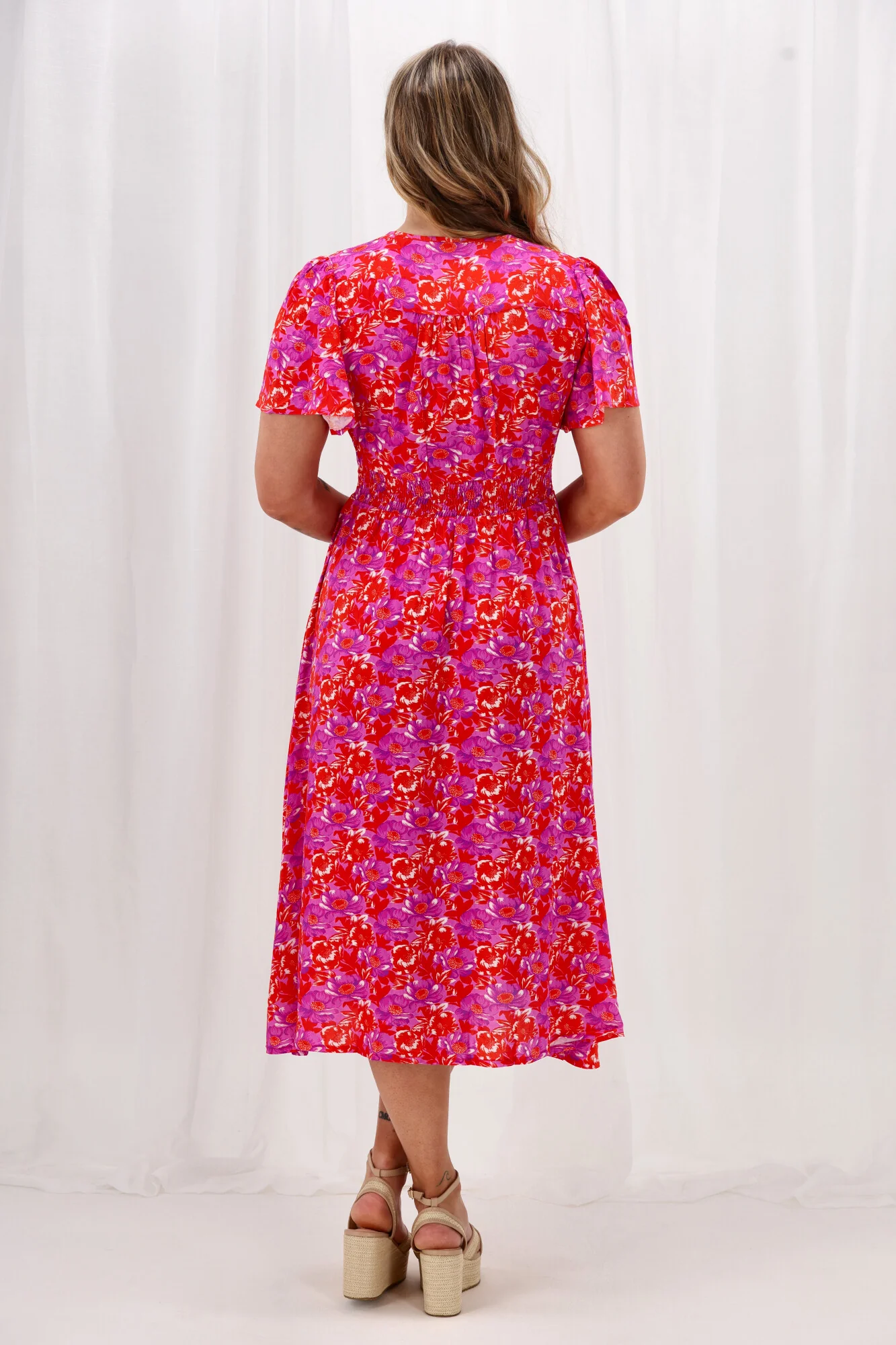 Sunday Boho Fiona Flutter Sleeve Midi Dress Red Floral Print - Image 8