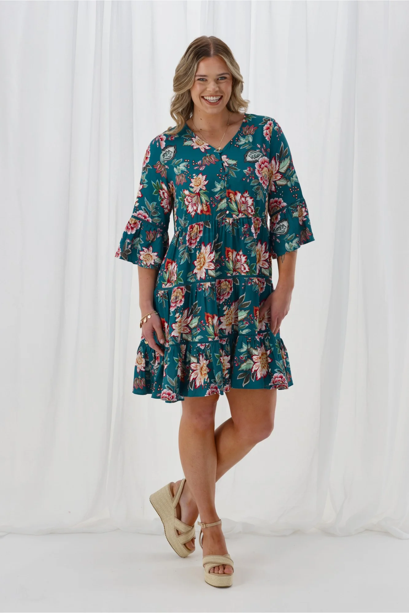Sunday Boho Indie Tier Dress Teal Floral - Image 2