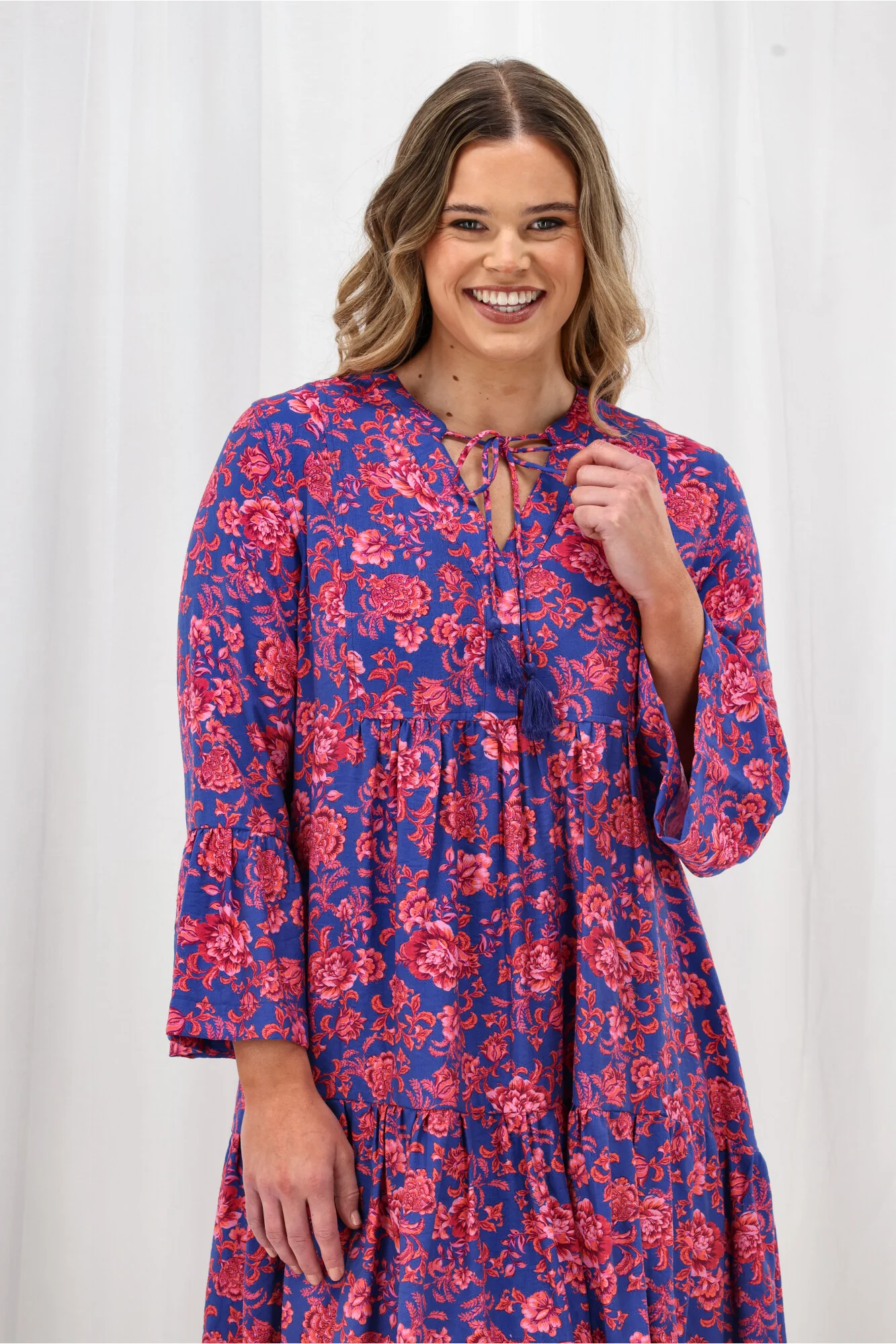 Sunday Boho Isabelle Flounce Dress Blue Floral Print - Image 3
