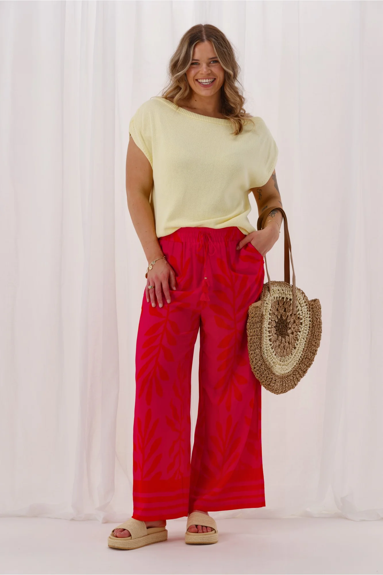 Sunday Boho Jamie Border Print Pant Fuchsia Lipstick - Image 2