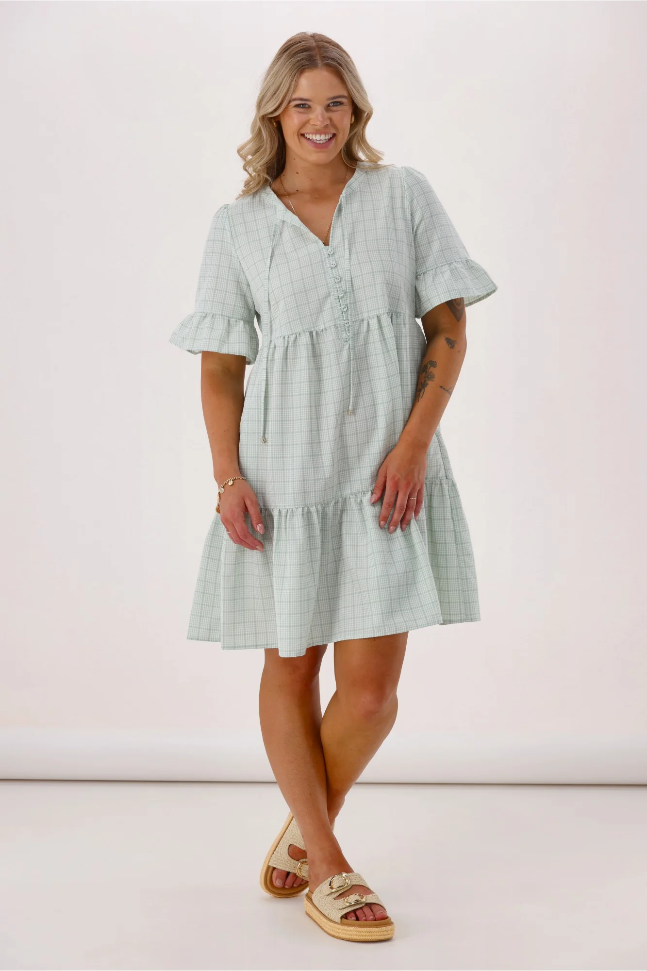 Sunday Boho Joanie Ruffle Cuff Sleeve Dress Sage Gingham - Image 2