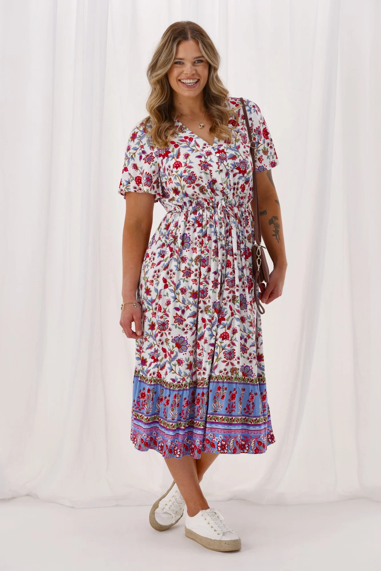 Sunday Boho Kate Flutter Sleeve Dress With Buttons Blue Pink Floral