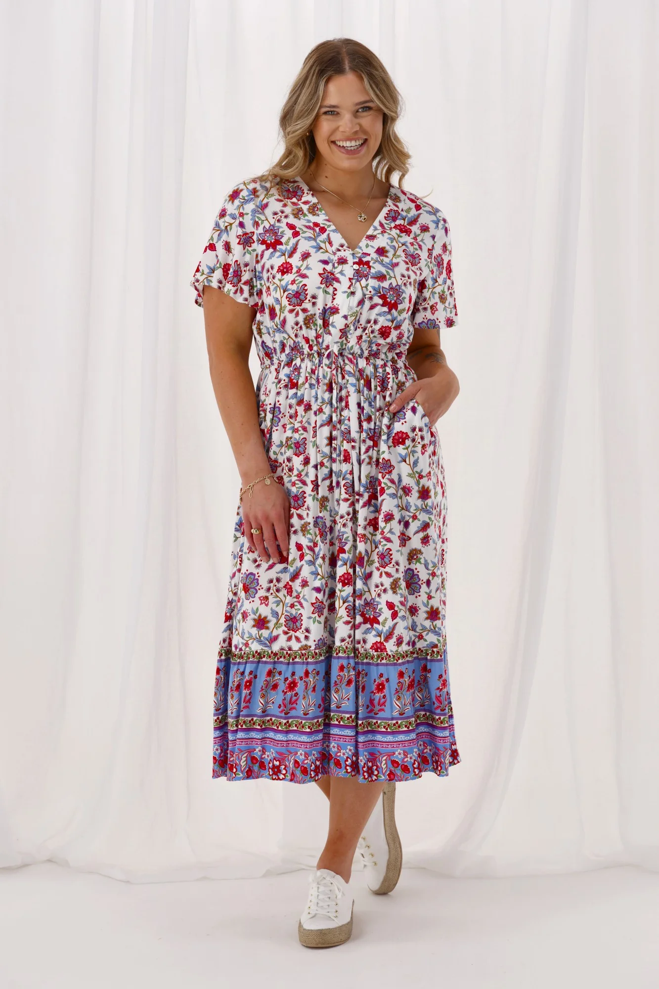 Sunday Boho Kate Flutter Sleeve Dress With Buttons Blue Pink Floral - Image 2