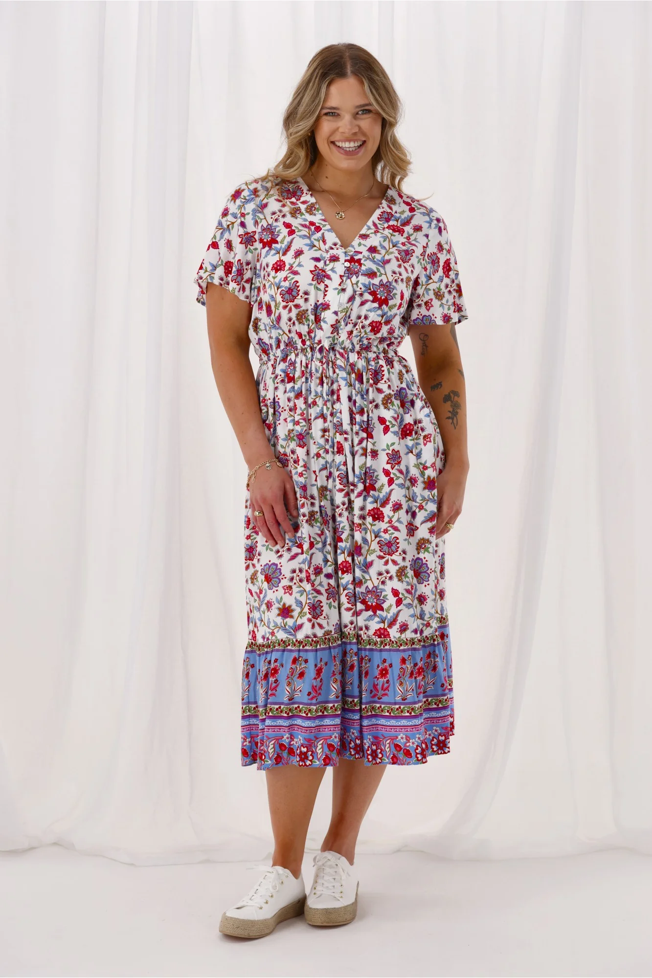 Sunday Boho Kate Flutter Sleeve Dress With Buttons Blue Pink Floral - Image 3