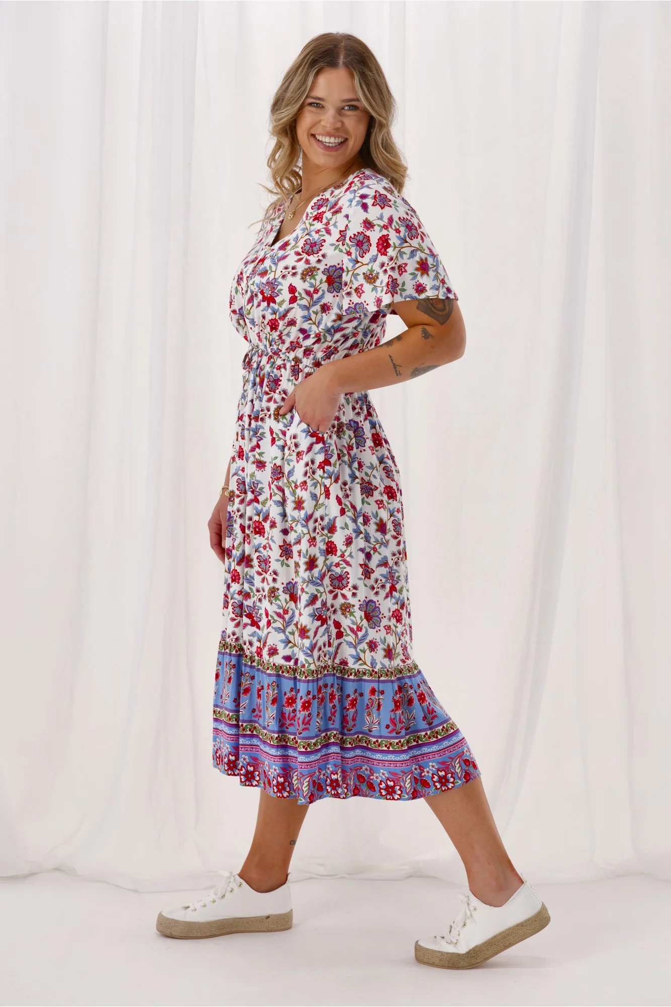 Sunday Boho Kate Flutter Sleeve Dress With Buttons Blue Pink Floral - Image 4