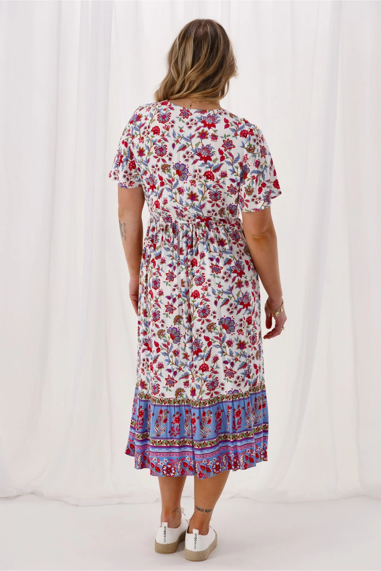 Sunday Boho Kate Flutter Sleeve Dress With Buttons Blue Pink Floral - Image 5