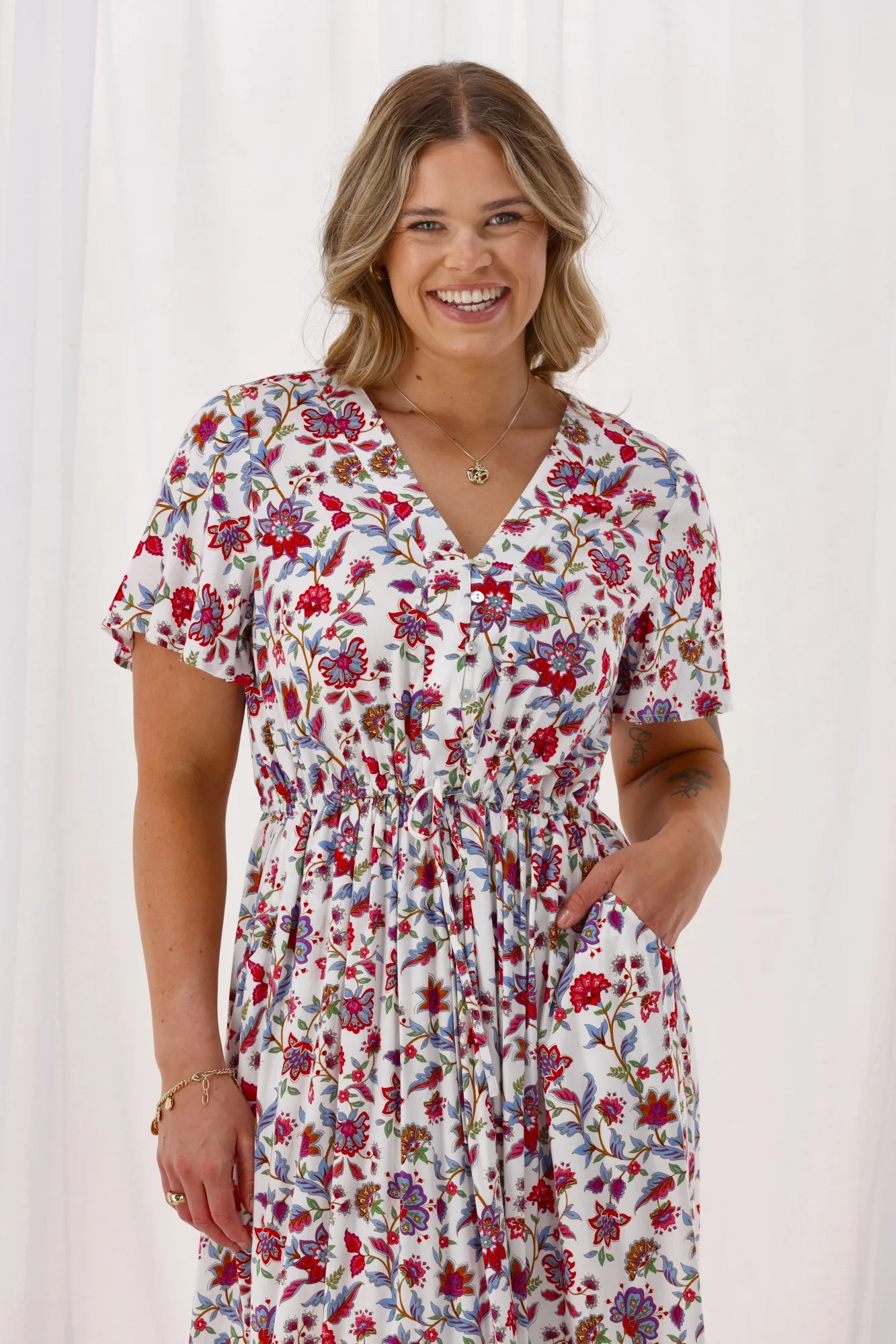 Sunday Boho Kate Flutter Sleeve Dress With Buttons Blue Pink Floral - Image 6