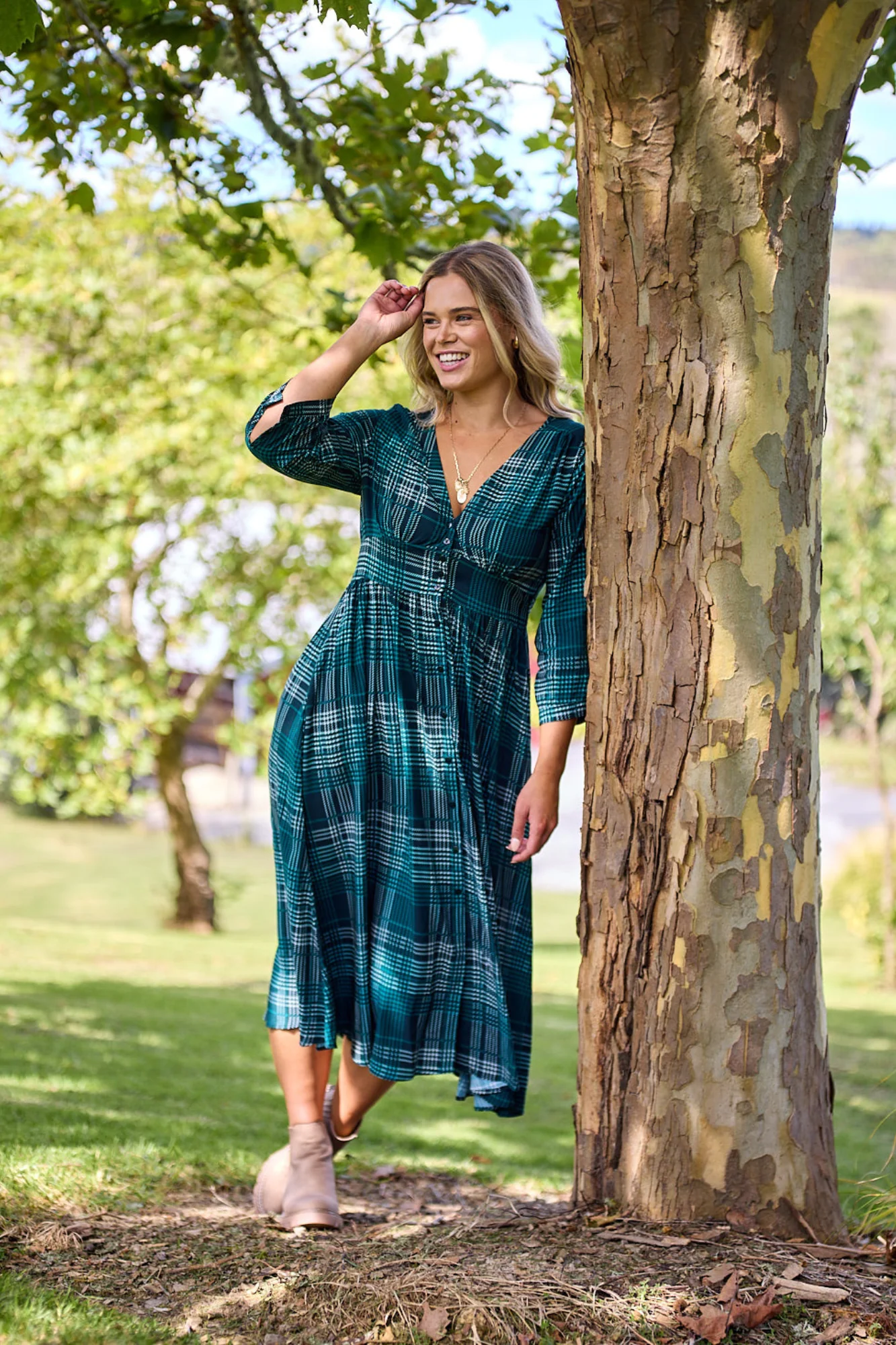 Sunday Boho Kathy Midi Dress Green Gingham - Image 2