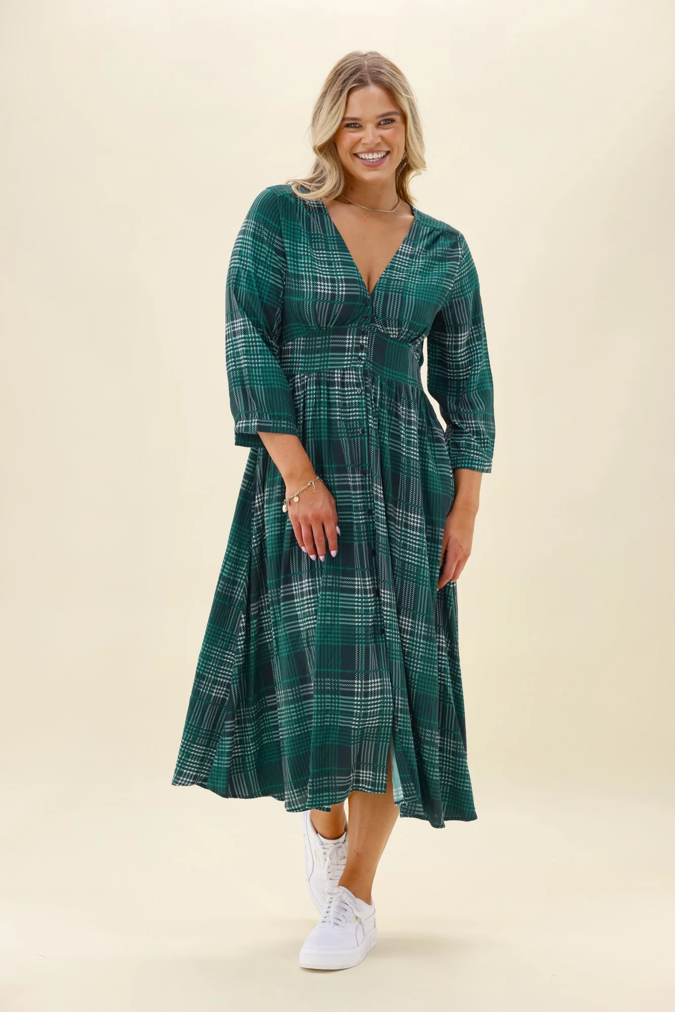 Sunday Boho Kathy Midi Dress Green Gingham - Image 4