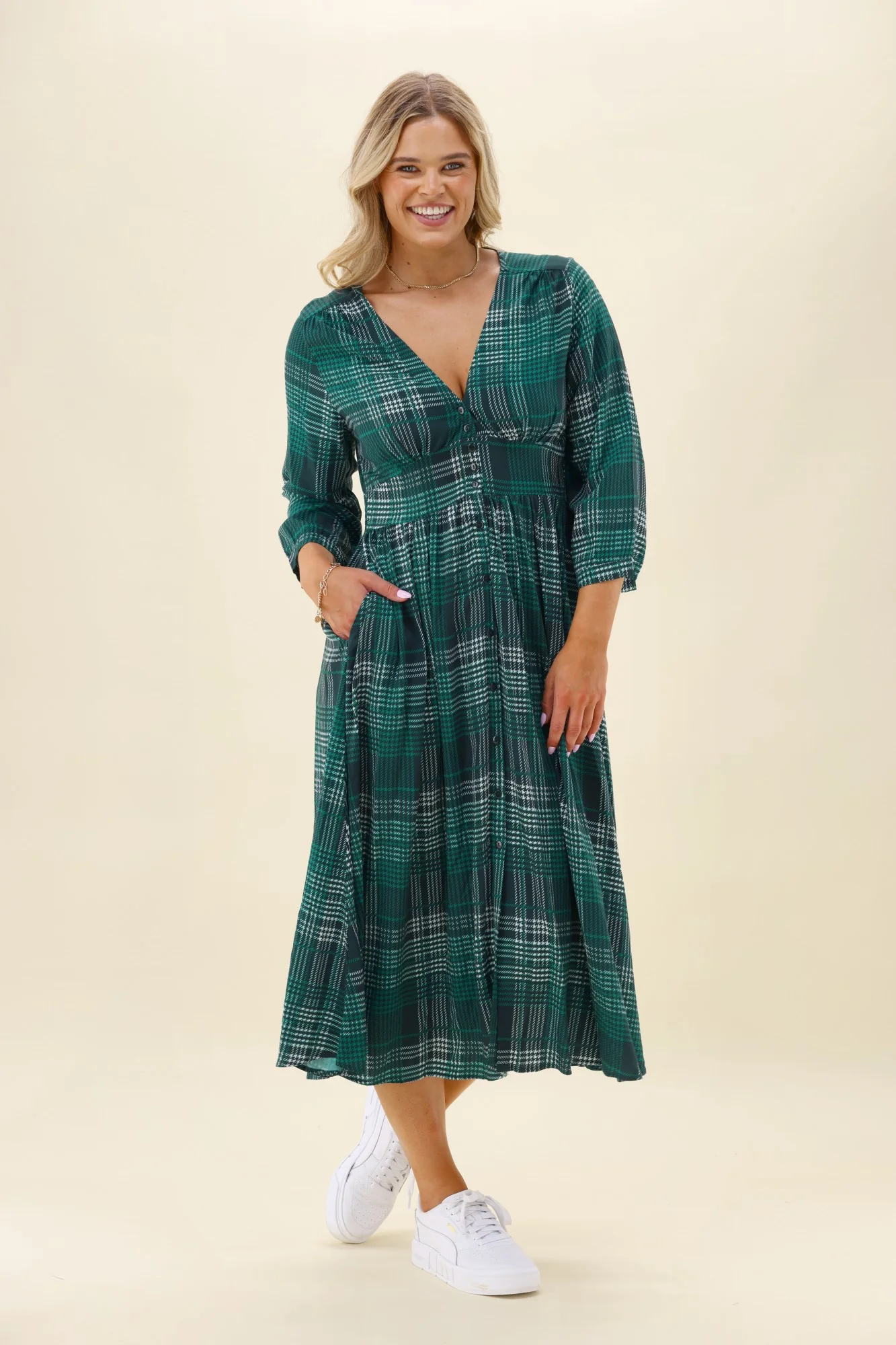 Sunday Boho Kathy Midi Dress Green Gingham - Image 7