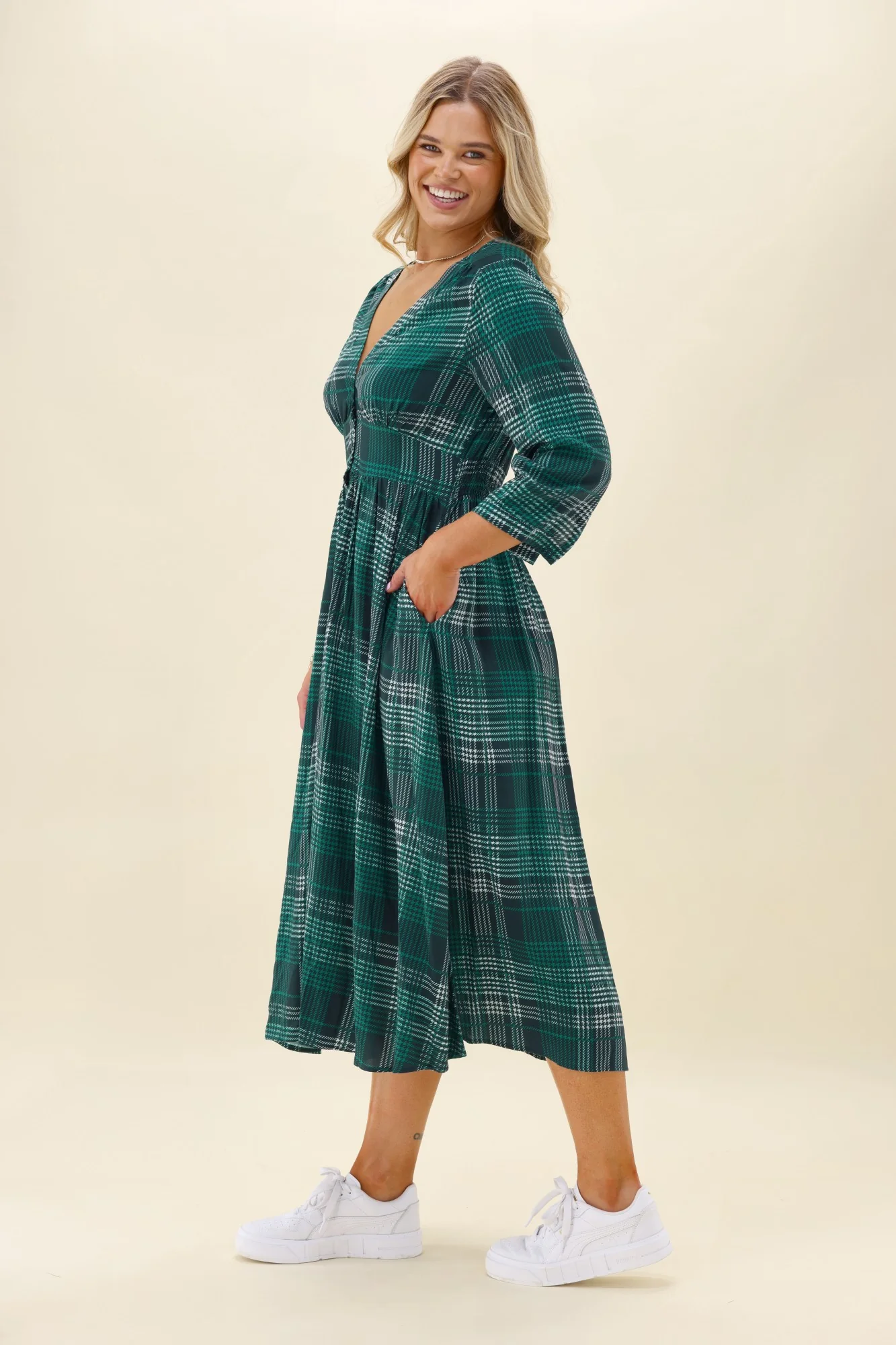 Sunday Boho Kathy Midi Dress Green Gingham - Image 8