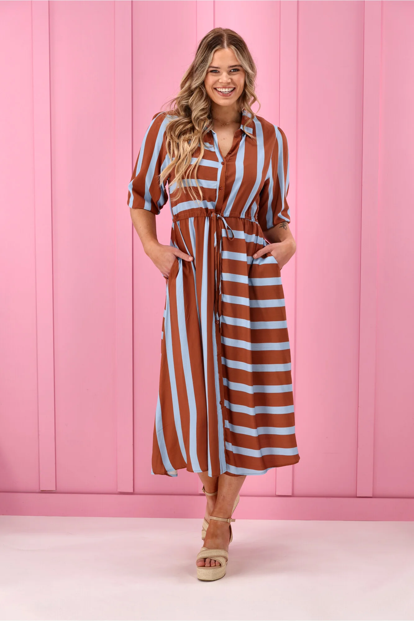 Sunday Boho Melanie Midi Dress Brown And Blue Stripe