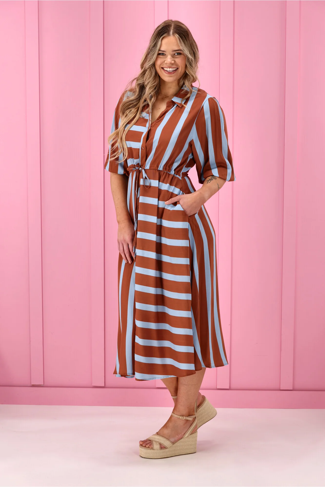 Sunday Boho Melanie Midi Dress Brown And Blue Stripe - Image 10