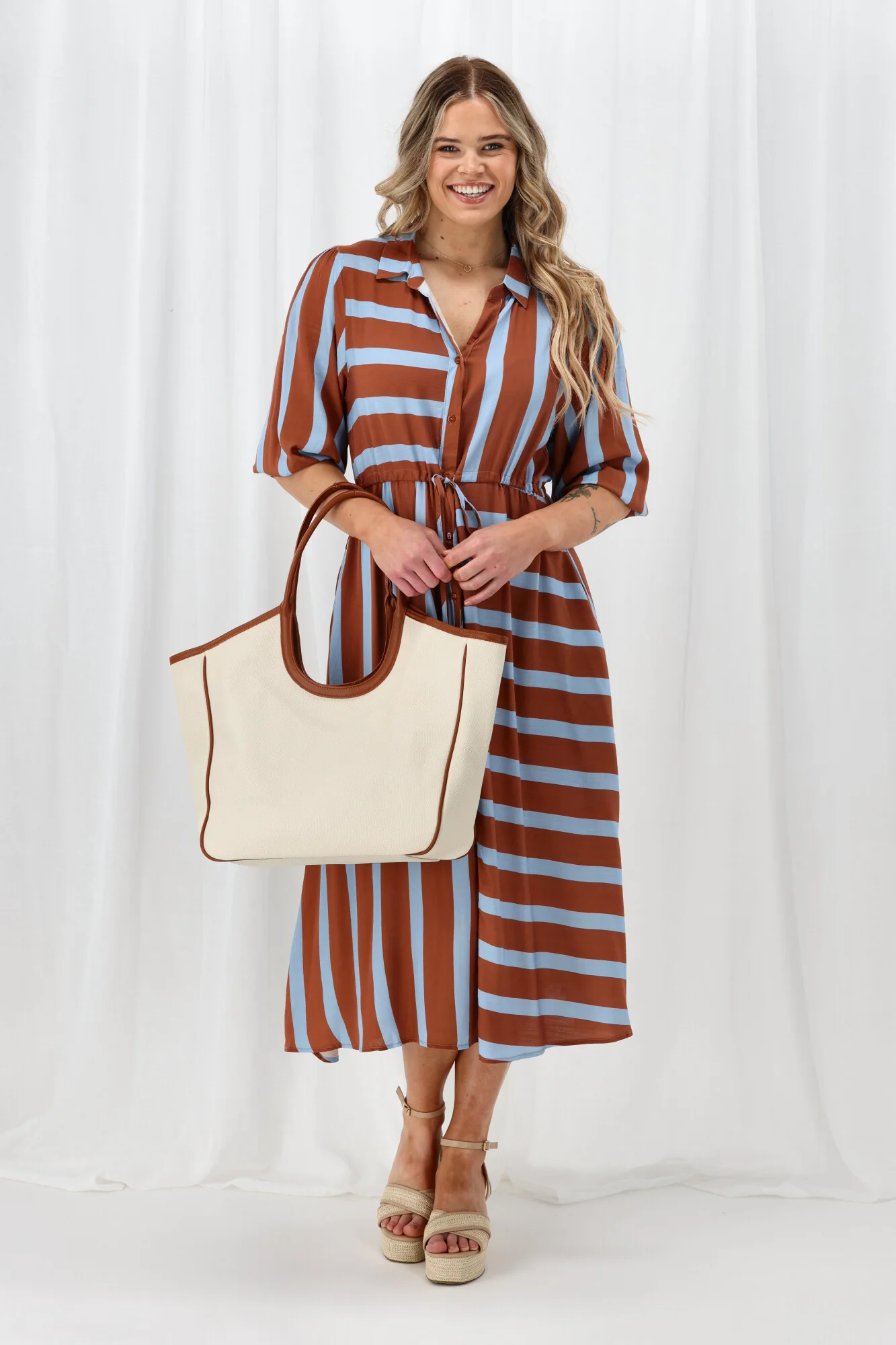 Sunday Boho Melanie Midi Dress Brown And Blue Stripe - Image 2