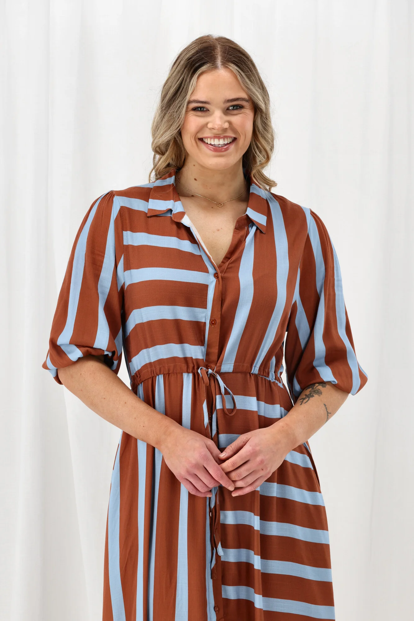 Sunday Boho Melanie Midi Dress Brown And Blue Stripe - Image 3