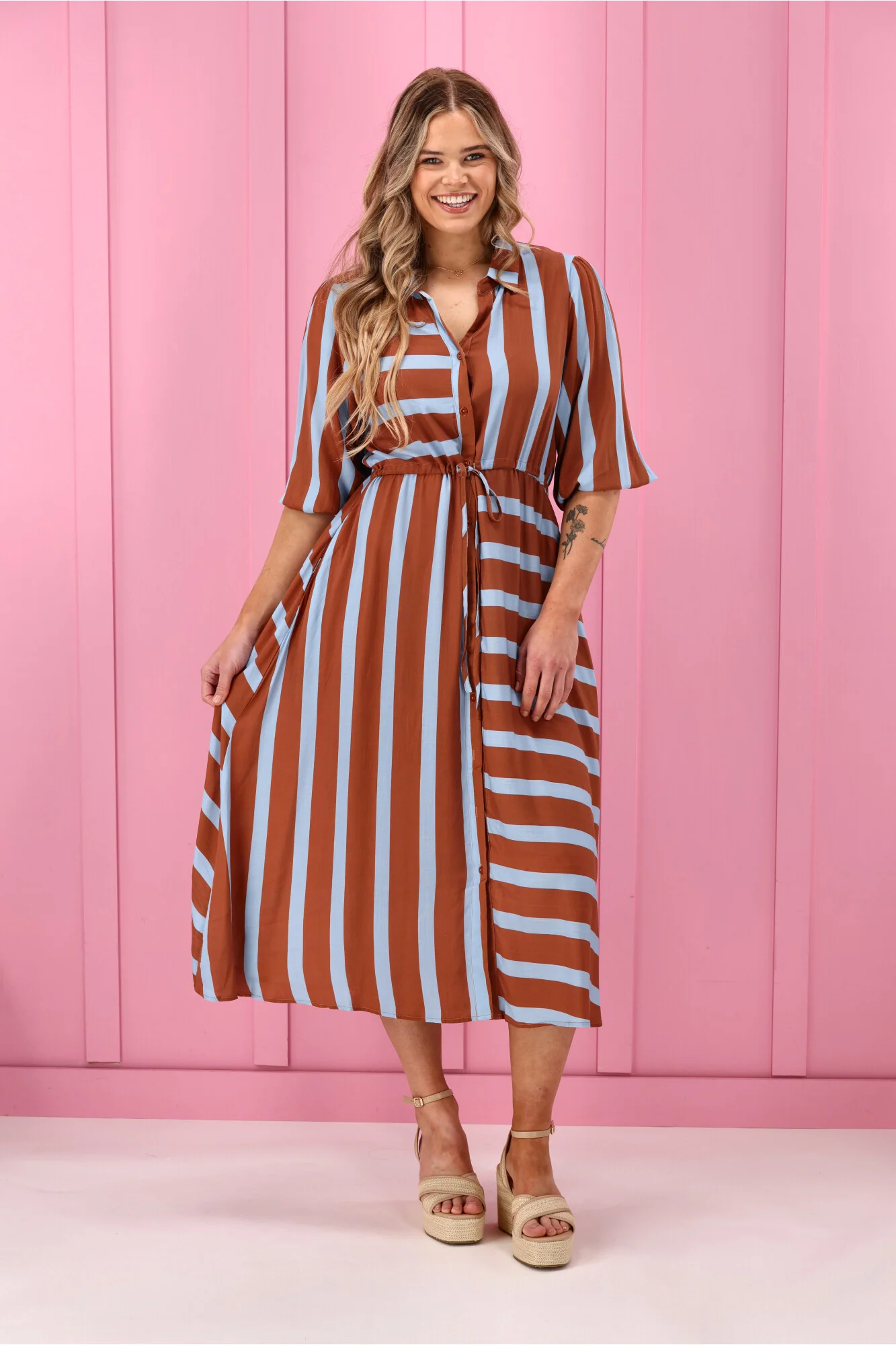 Sunday Boho Melanie Midi Dress Brown And Blue Stripe - Image 4