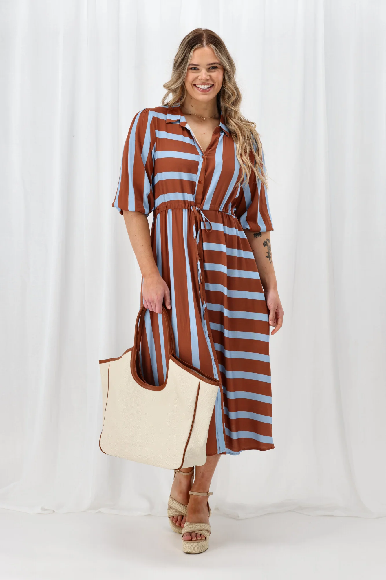 Sunday Boho Melanie Midi Dress Brown And Blue Stripe - Image 5