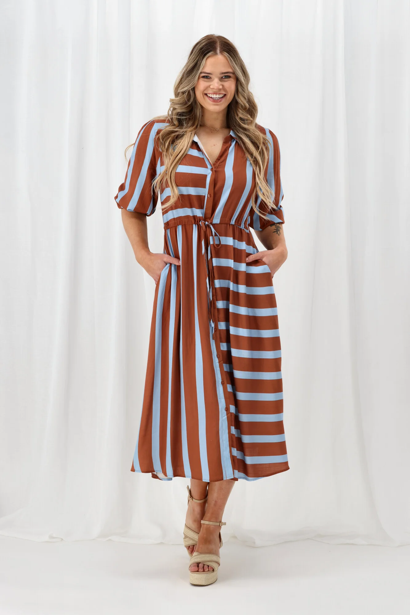 Sunday Boho Melanie Midi Dress Brown And Blue Stripe - Image 6