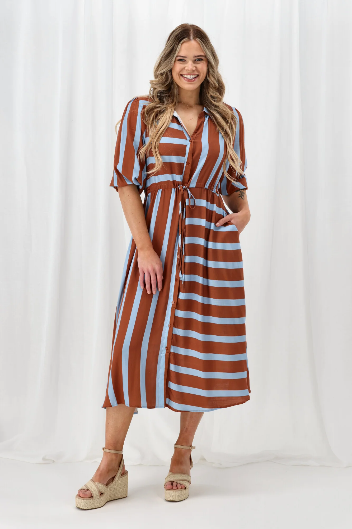Sunday Boho Melanie Midi Dress Brown And Blue Stripe - Image 7