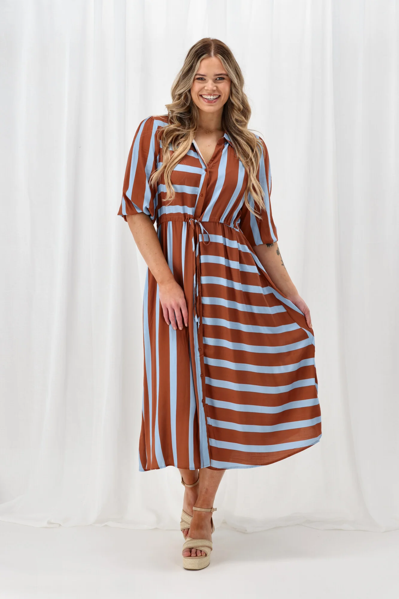 Sunday Boho Melanie Midi Dress Brown And Blue Stripe - Image 8