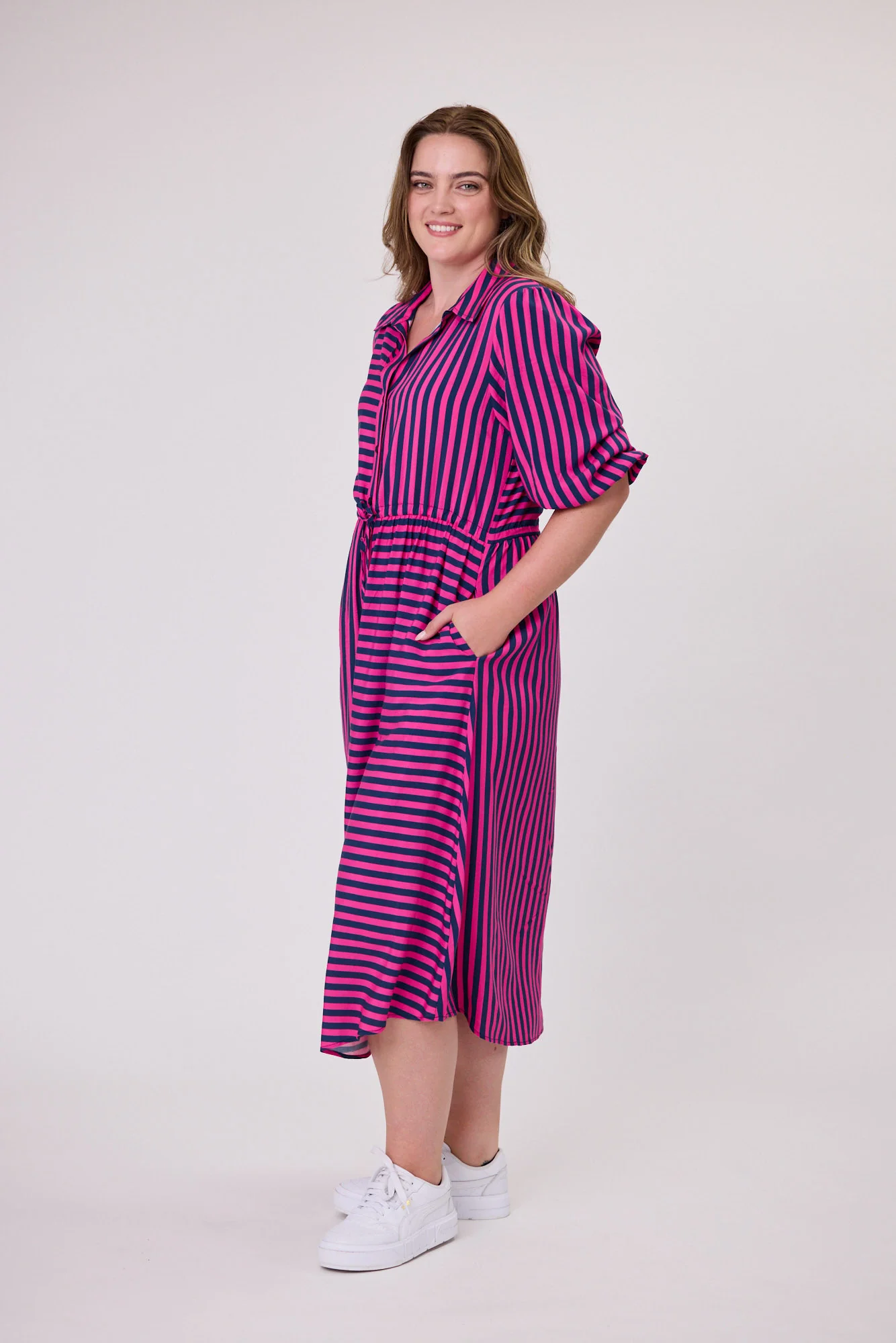 Sunday Boho Melanie Midi Dress Fuchsia Navy Stripe - Image 3