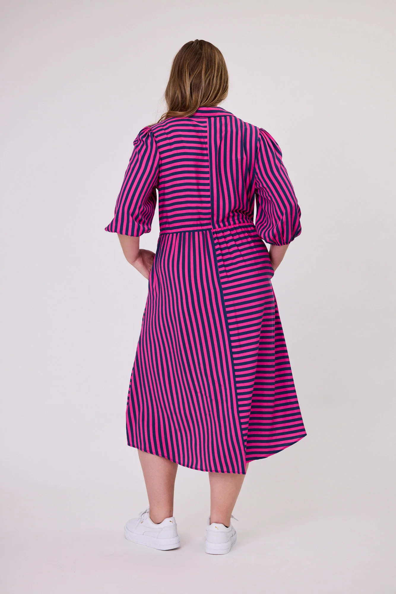 Sunday Boho Melanie Midi Dress Fuchsia Navy Stripe - Image 4