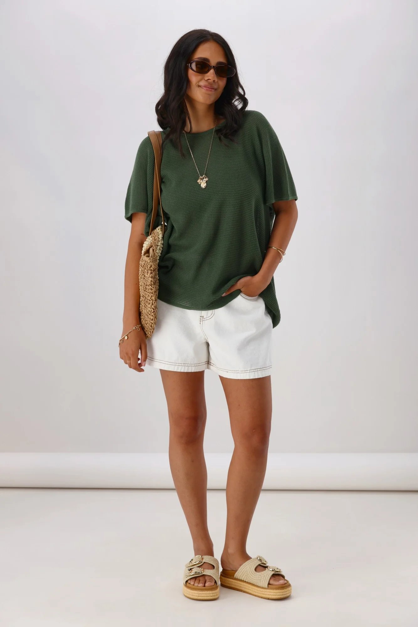 Sunday Boho Milan Mesh Knit Top Khaki