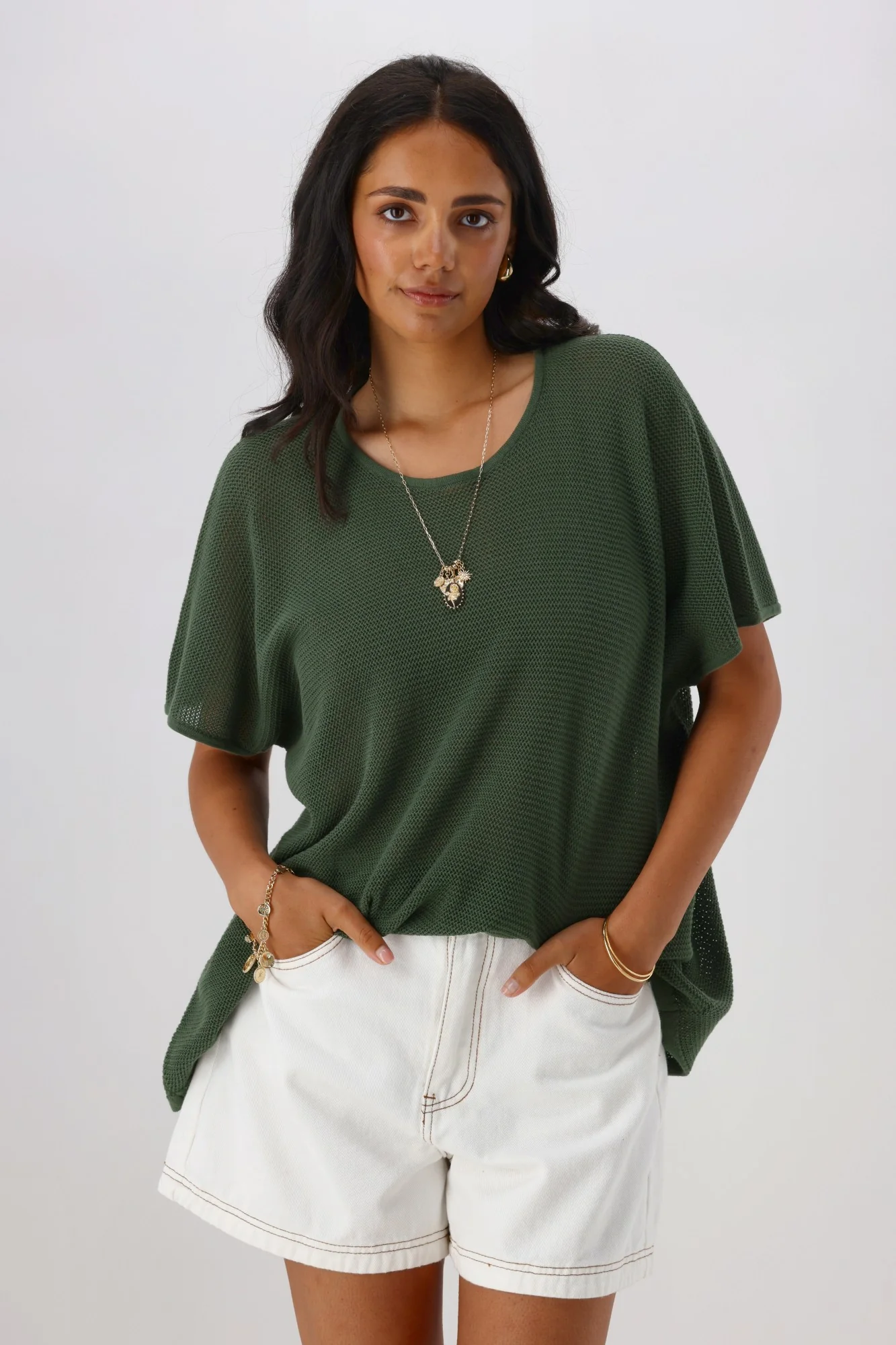 Sunday Boho Milan Mesh Knit Top Khaki - Image 2