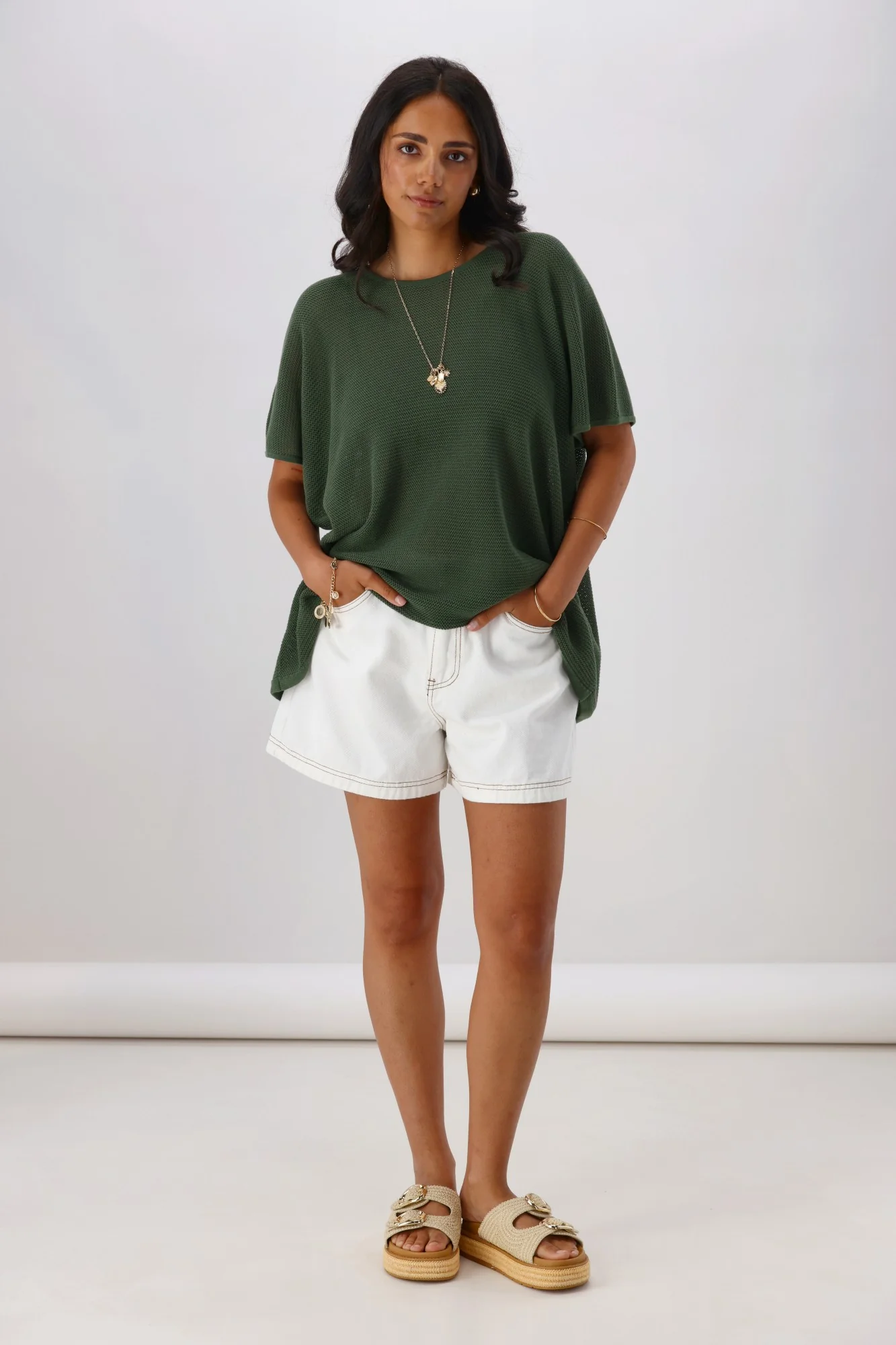 Sunday Boho Milan Mesh Knit Top Khaki - Image 3